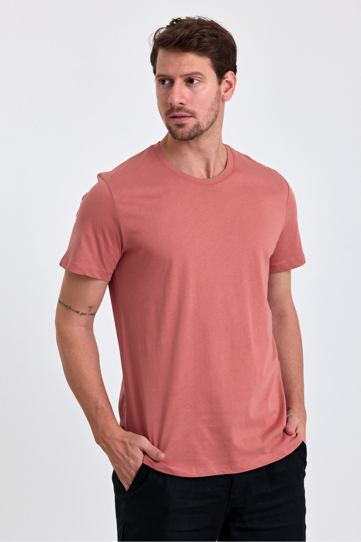 Erkek Pudra %100 Pamuk Slim Fit Bisiklet Yaka Basic Tişört 4
