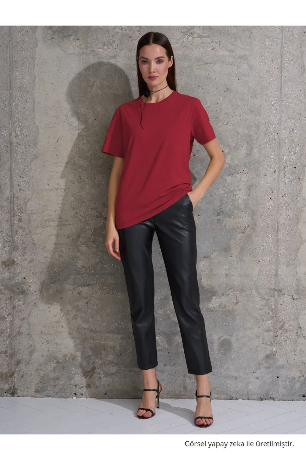 Kadın Bordo %100 Pamuk Bisiklet Yaka Basic T-shirt 3