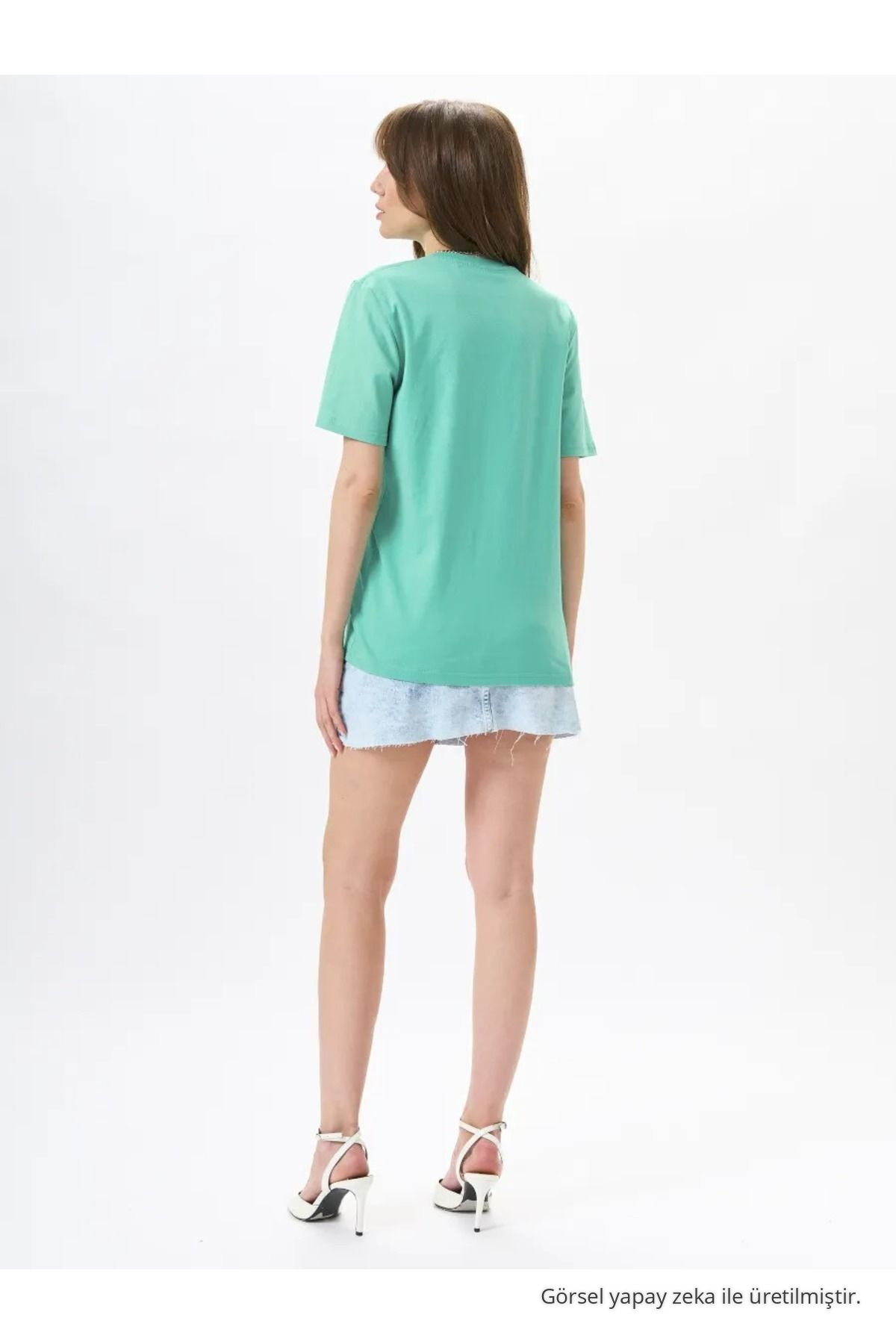 Kadın Oversize Çağla %100 Pamuk Bisiklet Yaka Basic T-shirt 4