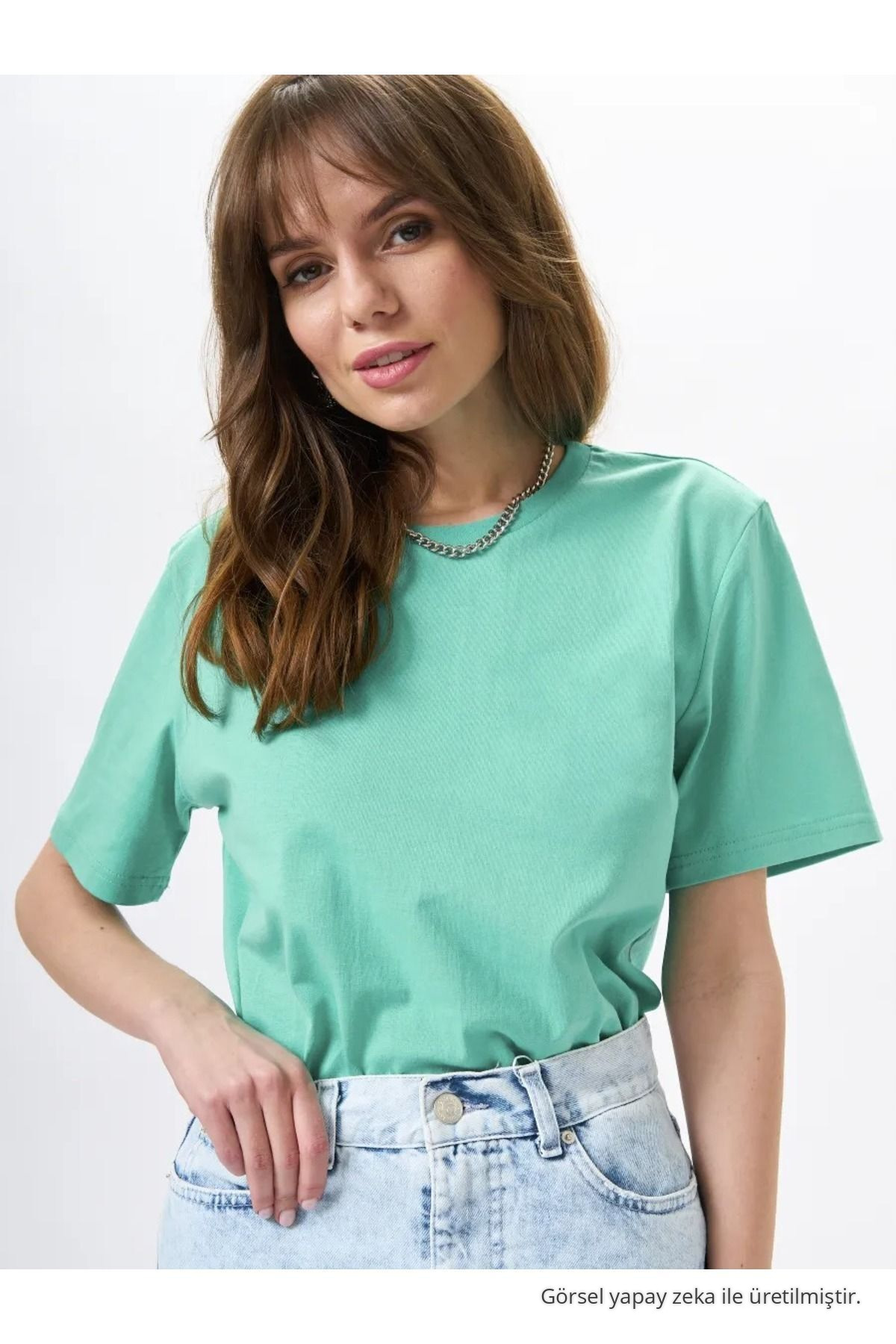 Kadın Oversize Çağla %100 Pamuk Bisiklet Yaka Basic T-shirt 3