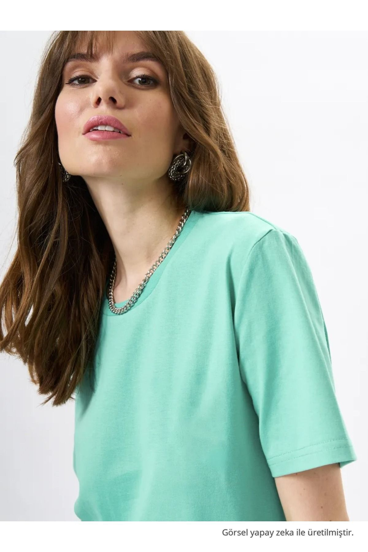 Kadın Oversize Çağla %100 Pamuk Bisiklet Yaka Basic T-shirt 5
