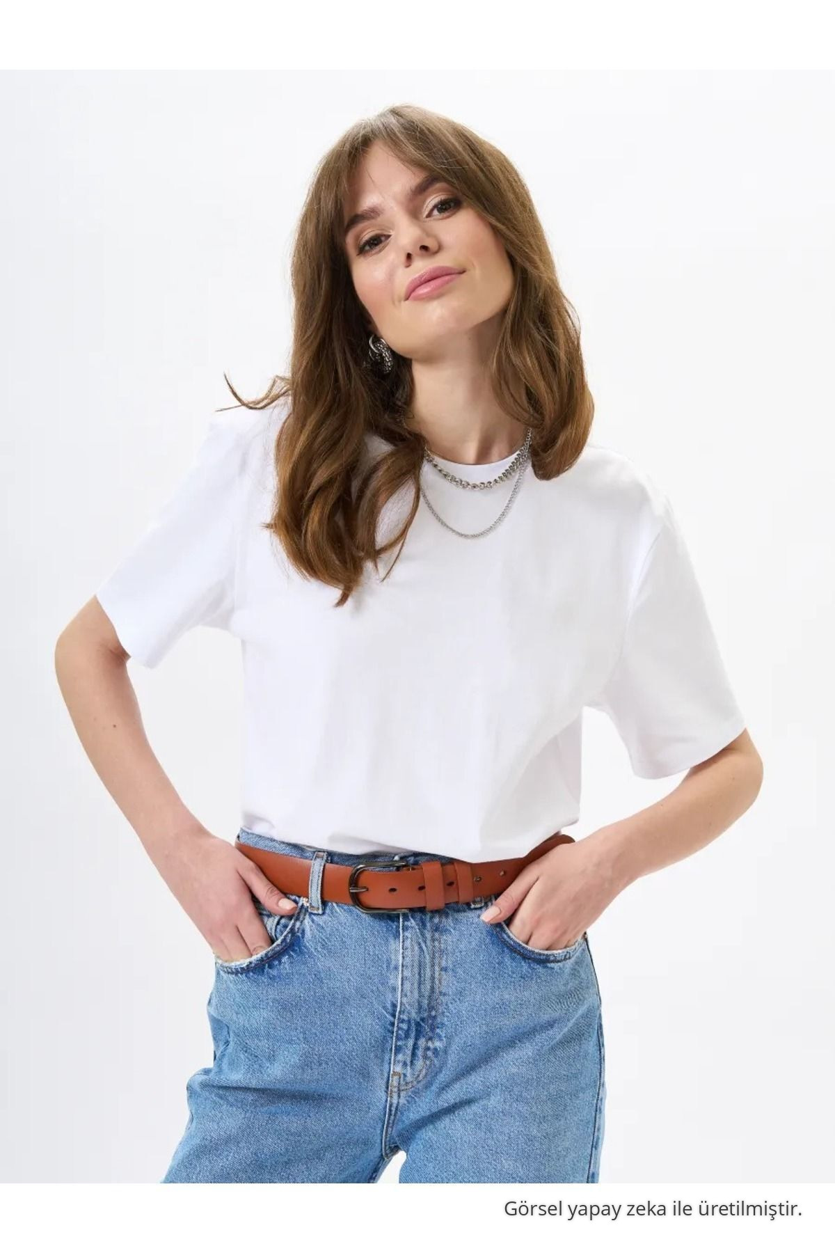 Kadın Oversize Ekru %100 Pamuk Bisiklet Yaka Basic T-shirt 4