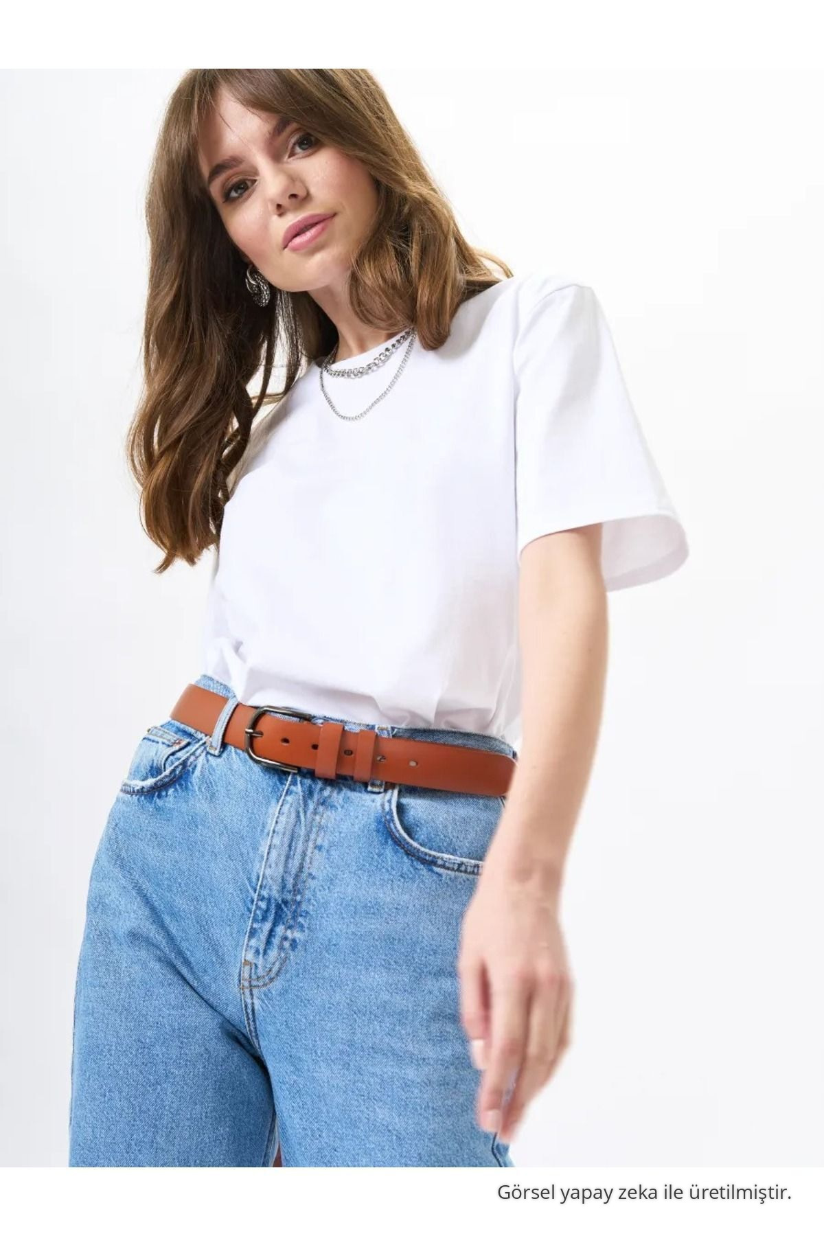 Kadın Oversize Ekru %100 Pamuk Bisiklet Yaka Basic T-shirt 7