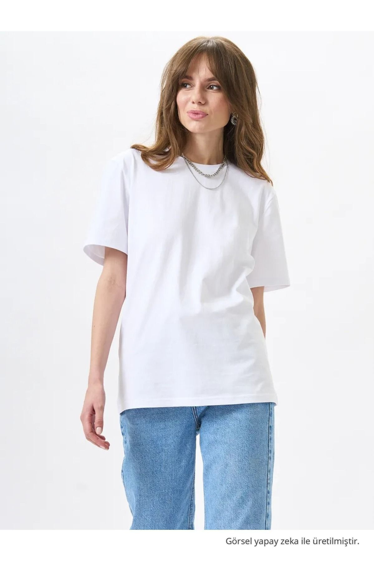 Kadın Oversize Ekru %100 Pamuk Bisiklet Yaka Basic T-shirt 6