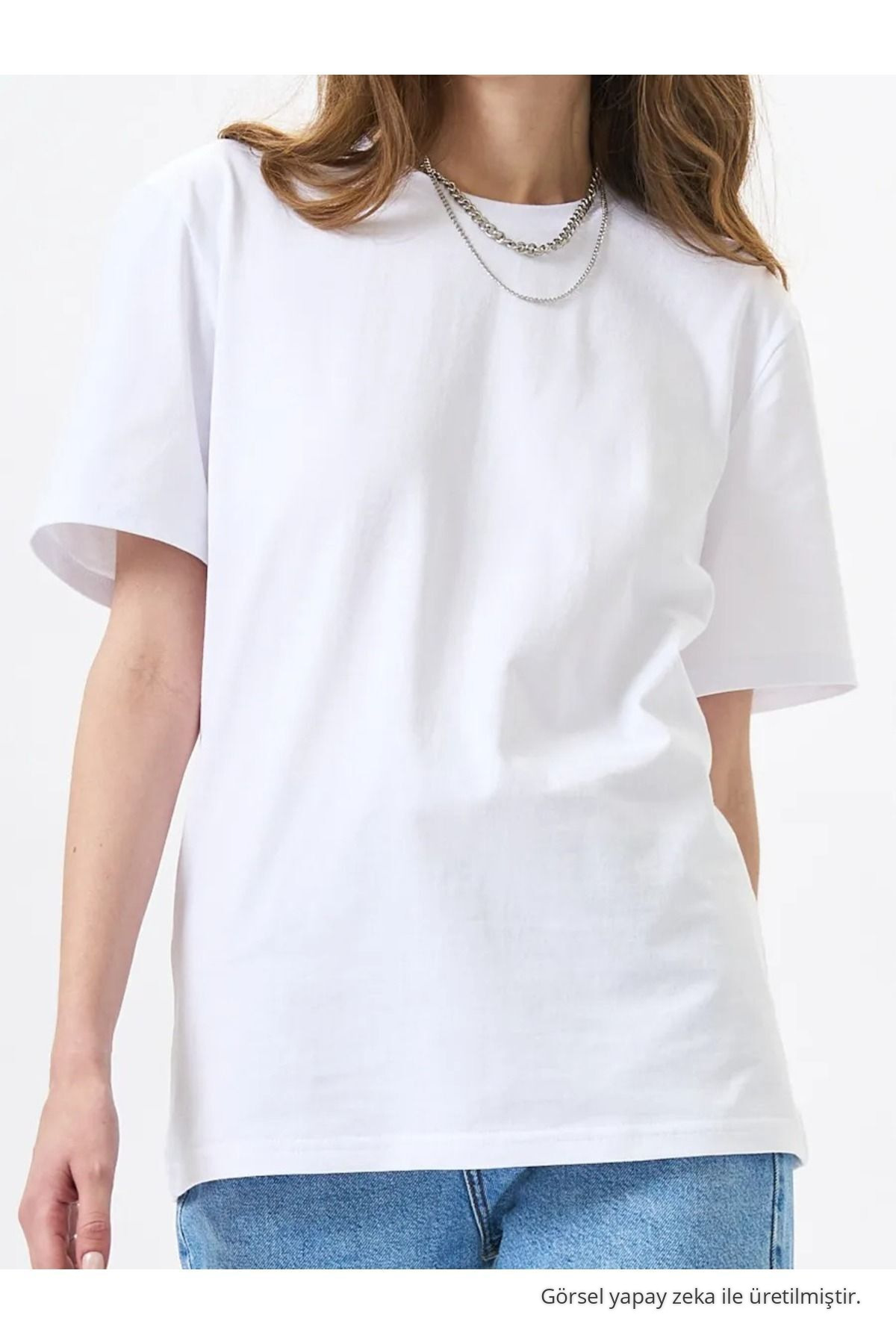 Kadın Oversize Ekru %100 Pamuk Bisiklet Yaka Basic T-shirt 3