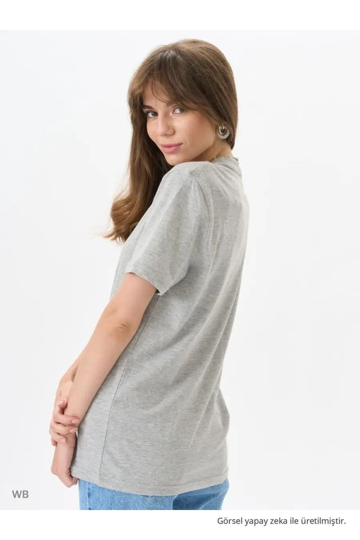 Kadın Grimelanj %100 Pamuk Bisiklet Yaka Basic T-shirt 5