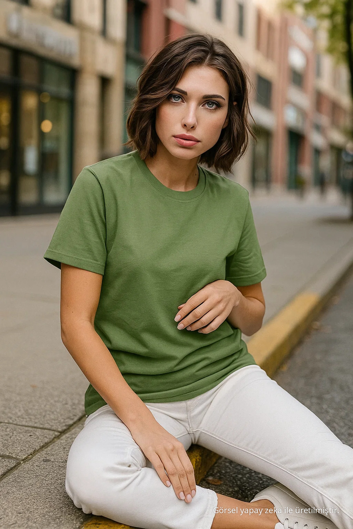 Kadın Haki %100 Pamuk Bisiklet Yaka Basic T-shirt 4