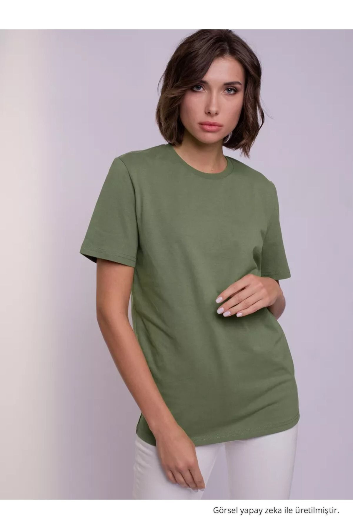 Kadın Haki %100 Pamuk Bisiklet Yaka Basic T-shirt 6
