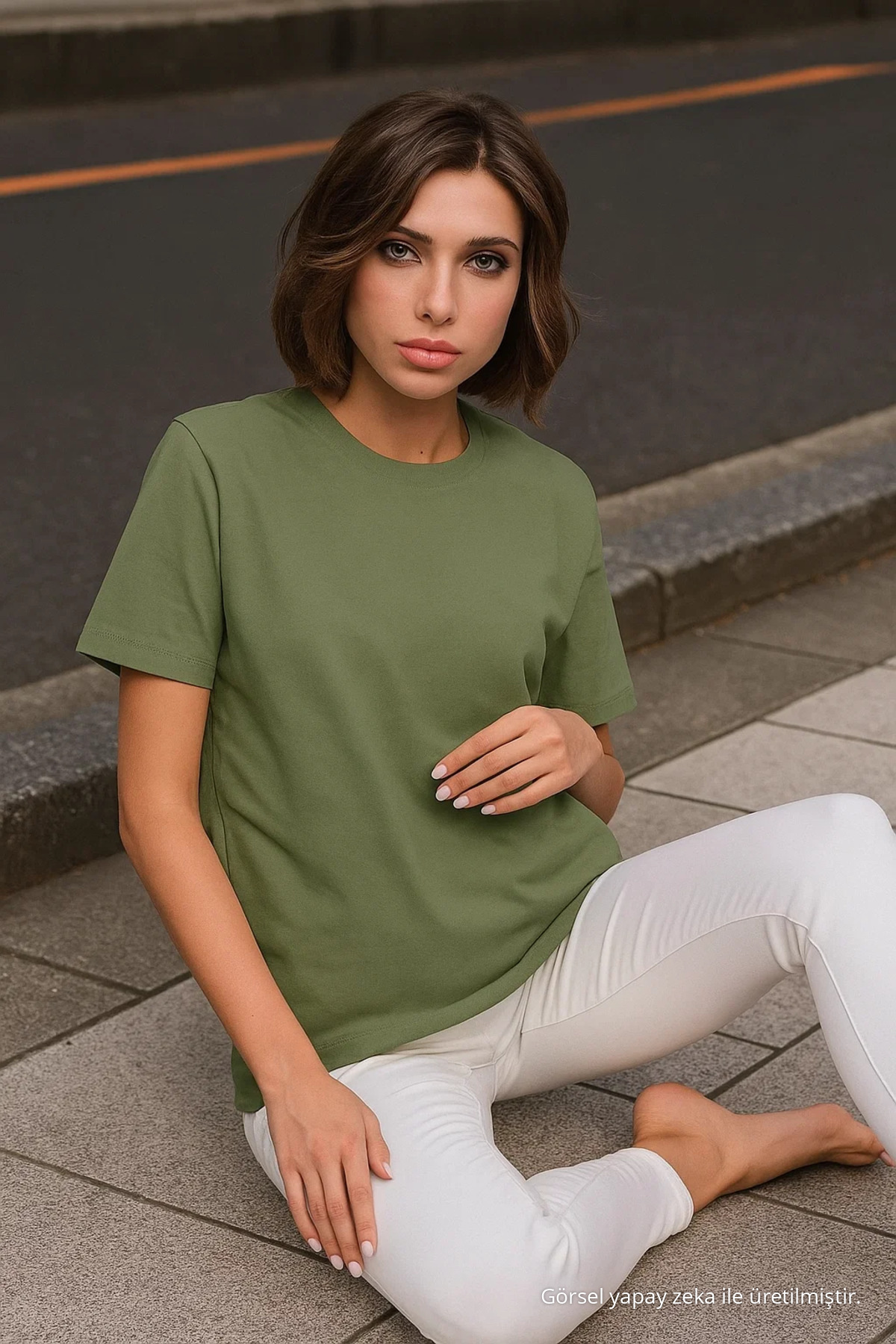 Kadın Haki %100 Pamuk Bisiklet Yaka Basic T-shirt 5
