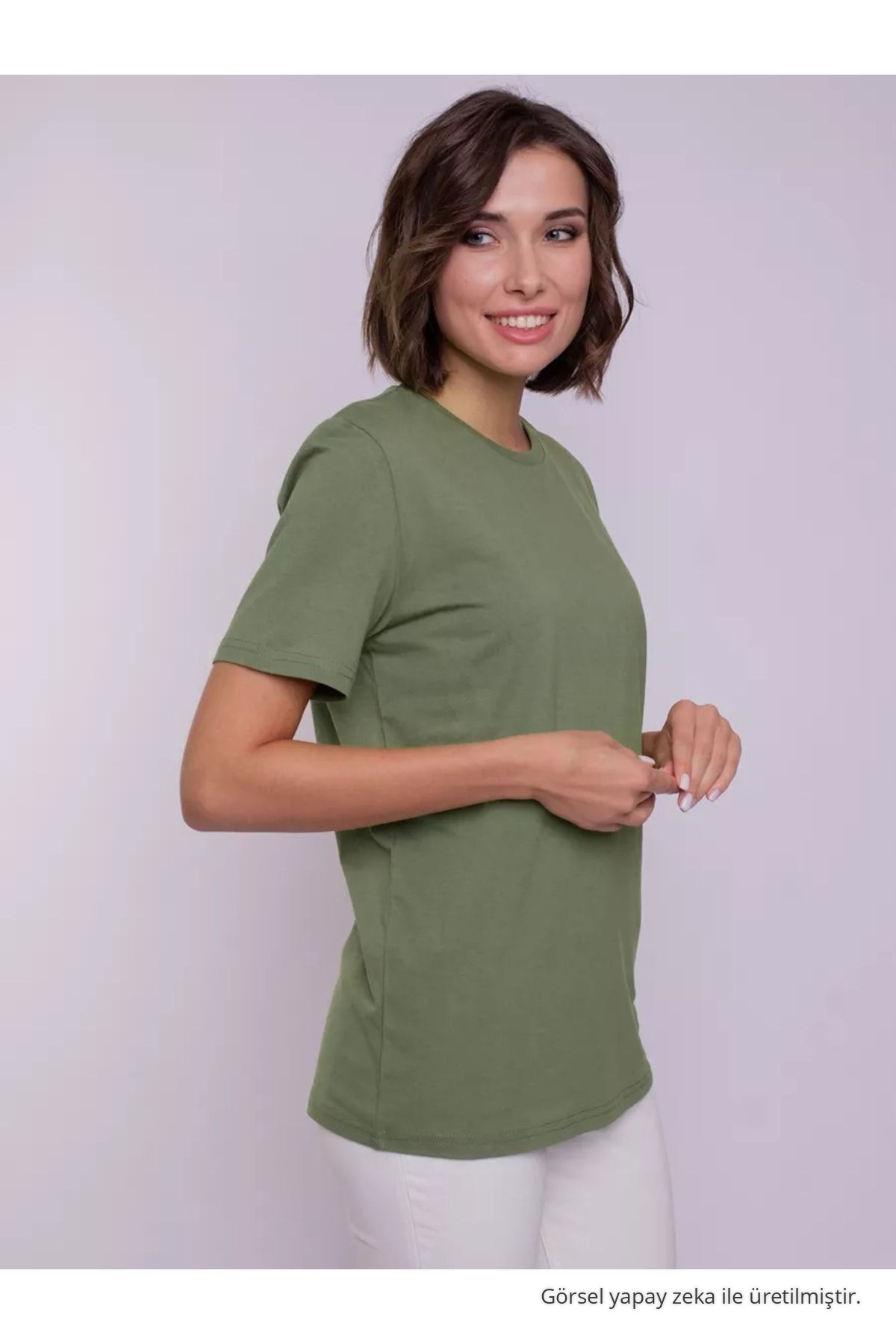 Kadın Haki %100 Pamuk Bisiklet Yaka Basic T-shirt 3