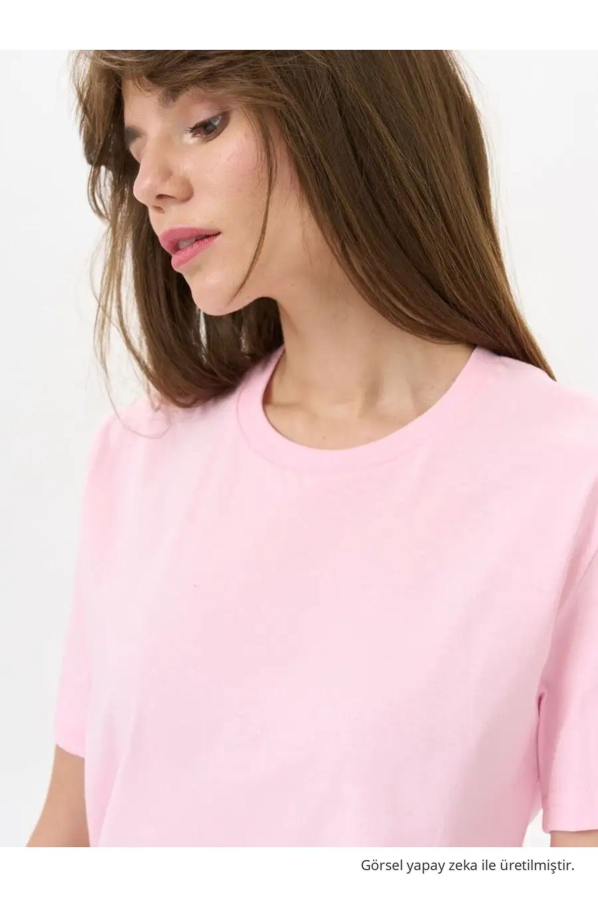 Kadın Pembe %100 Pamuk Bisiklet Yaka Basic T-shirt 5