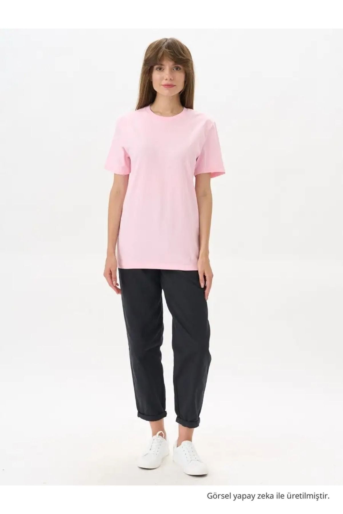 Kadın Pembe %100 Pamuk Bisiklet Yaka Basic T-shirt 4