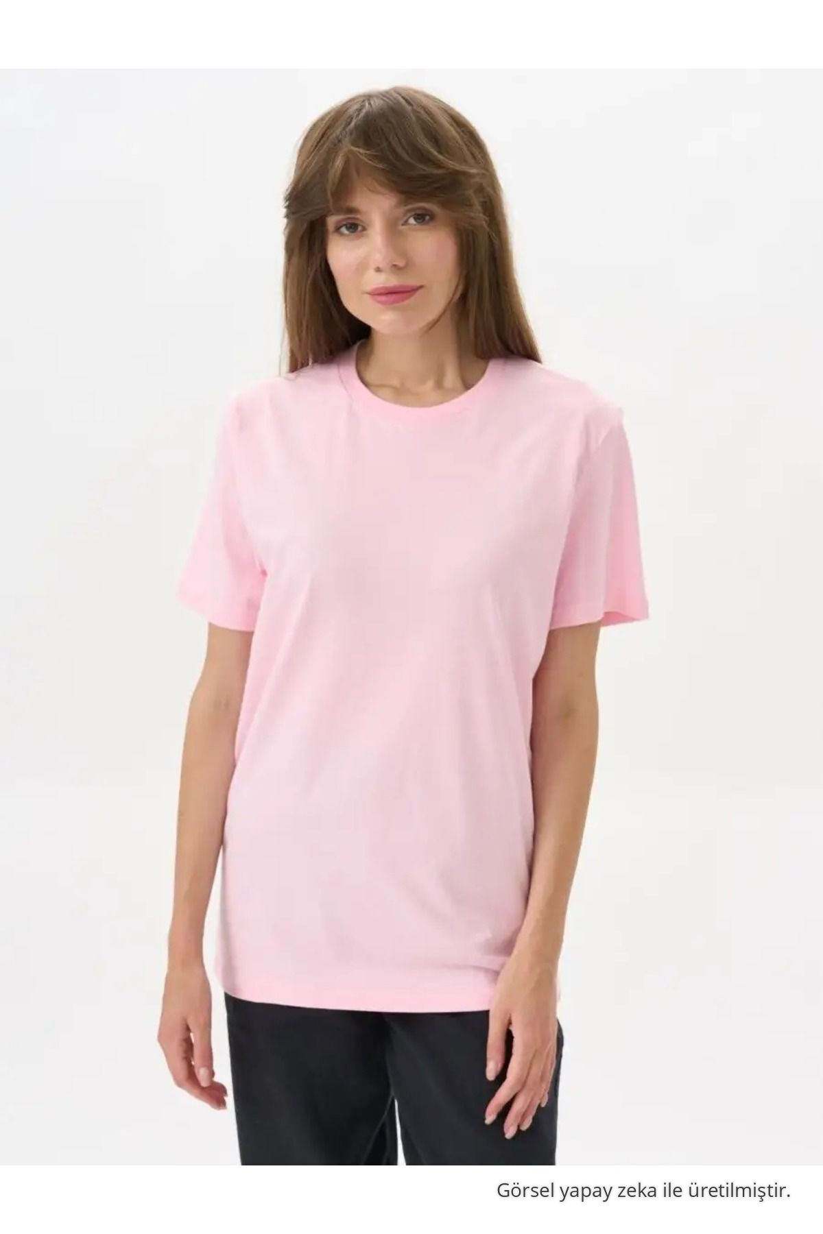 Kadın Pembe %100 Pamuk Bisiklet Yaka Basic T-shirt 3