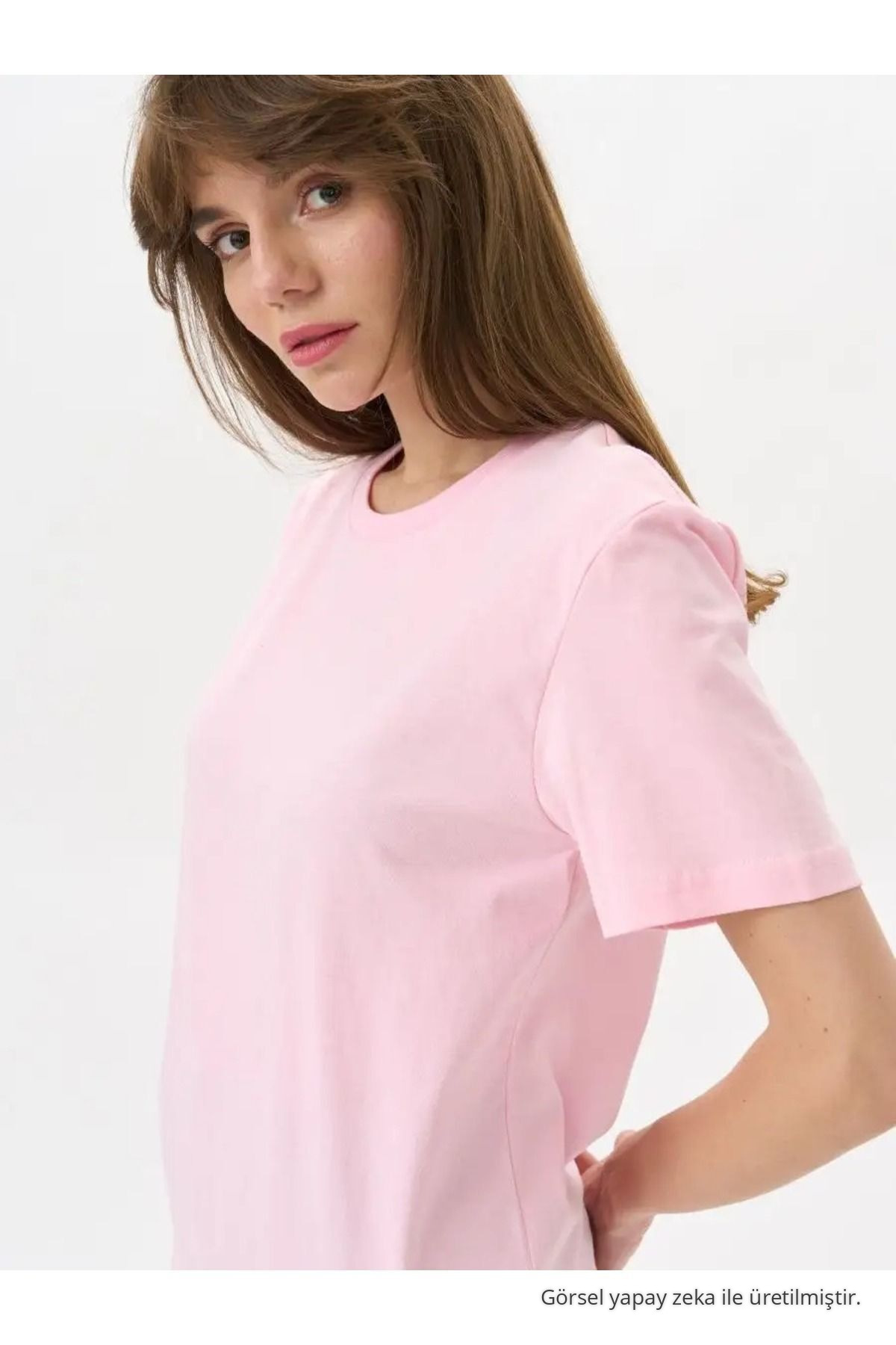 Kadın Pembe %100 Pamuk Bisiklet Yaka Basic T-shirt 6