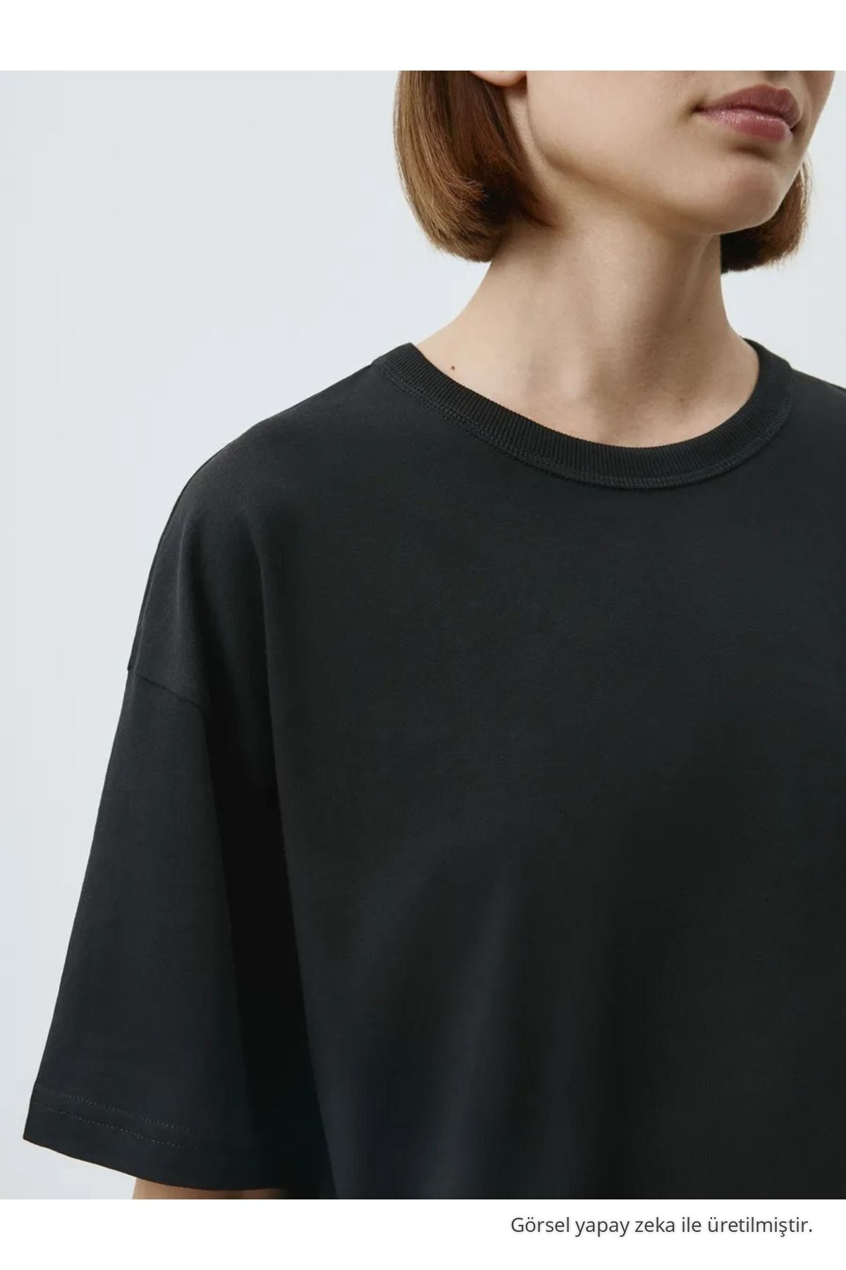Kadın Siyah %100 Pamuk Bisiklet Yaka Basic T-shirt 5