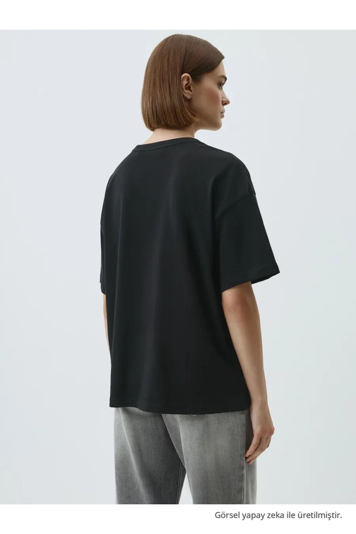 Kadın Siyah %100 Pamuk Bisiklet Yaka Basic T-shirt 3