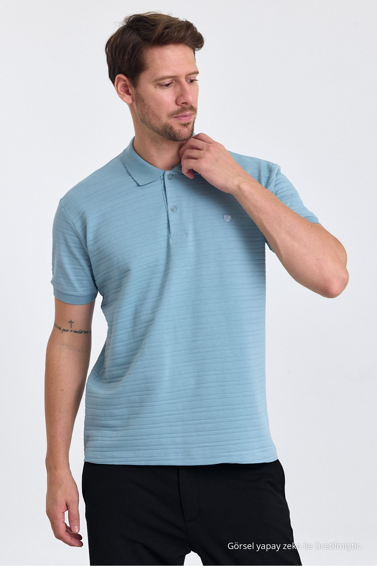 Erkek AÇIK MAVİ %100 Pamuk Raporlu Polo Yaka T-shirt 4