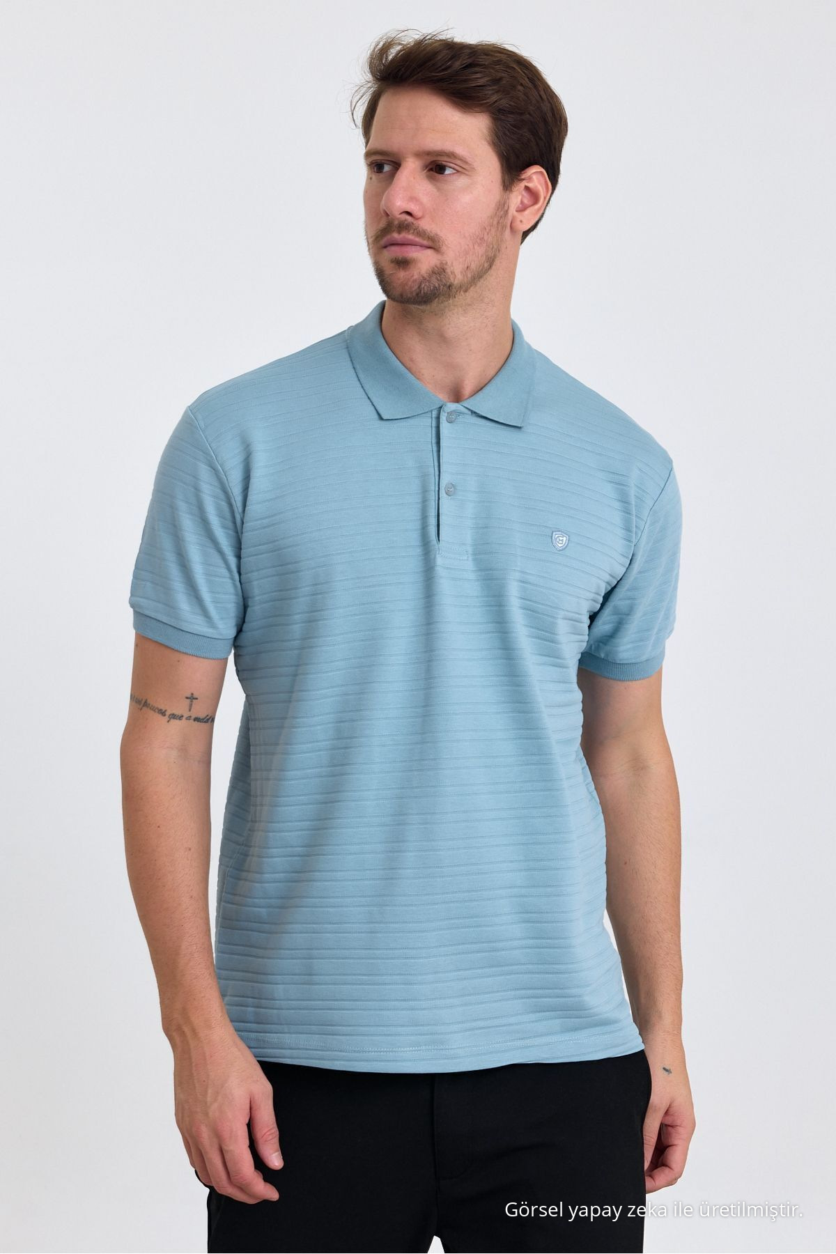 Erkek AÇIK MAVİ %100 Pamuk Raporlu Polo Yaka T-shirt 5