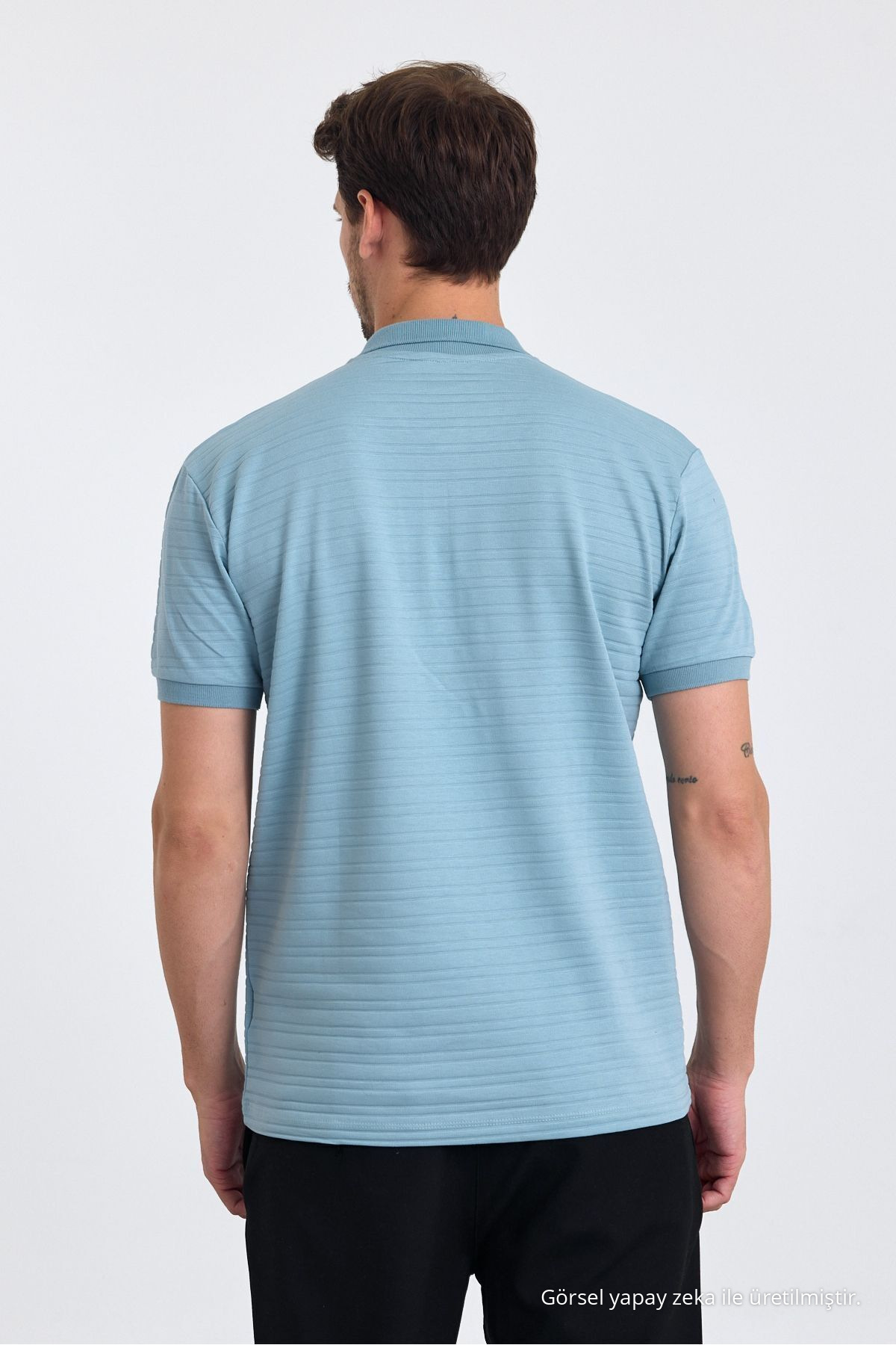 Erkek AÇIK MAVİ %100 Pamuk Raporlu Polo Yaka T-shirt 8