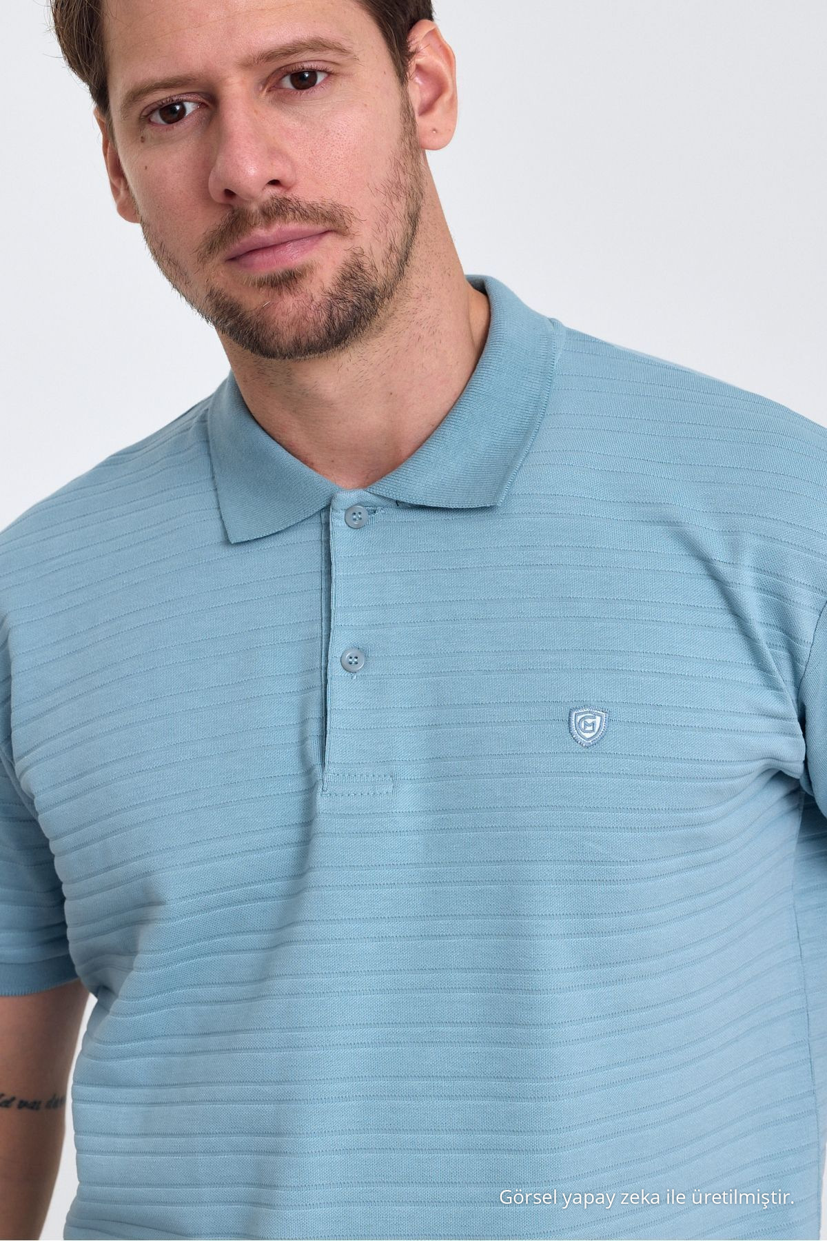 Erkek AÇIK MAVİ %100 Pamuk Raporlu Polo Yaka T-shirt 3