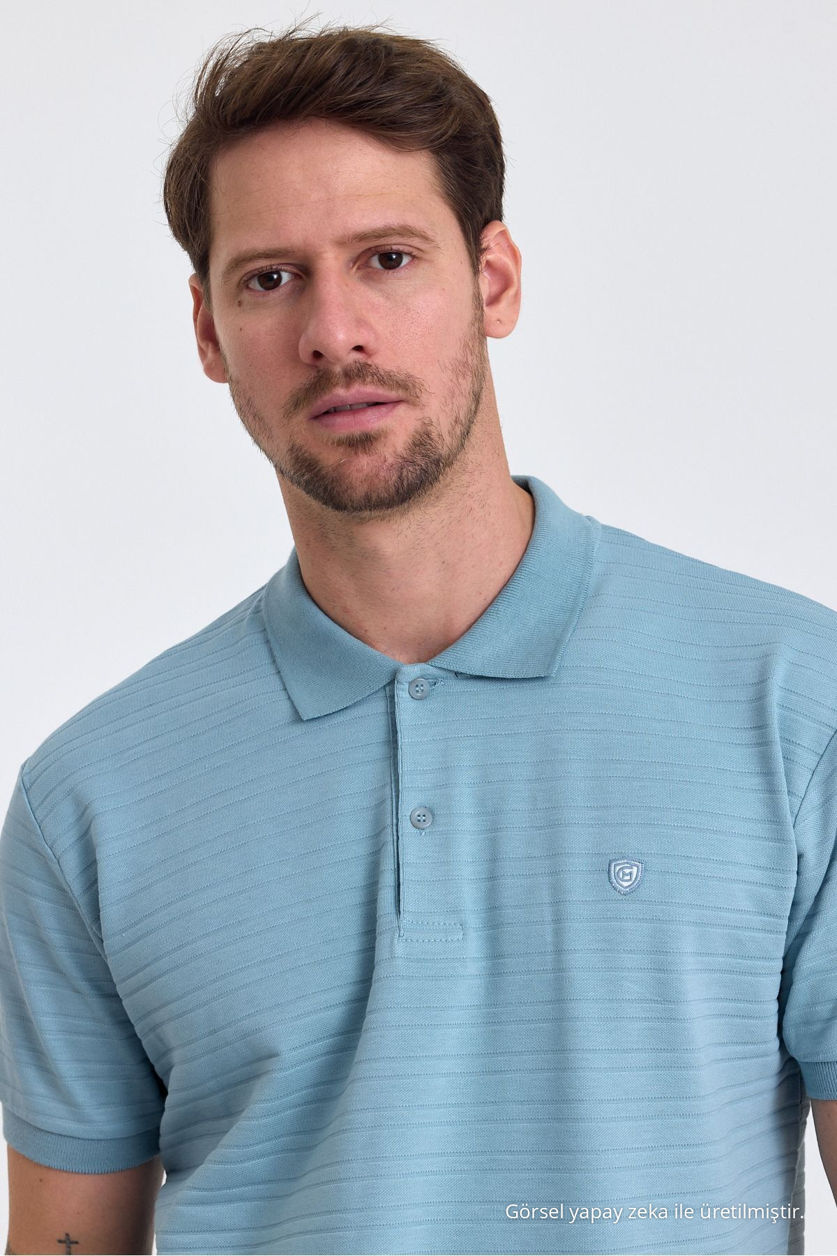Erkek AÇIK MAVİ %100 Pamuk Raporlu Polo Yaka T-shirt 6
