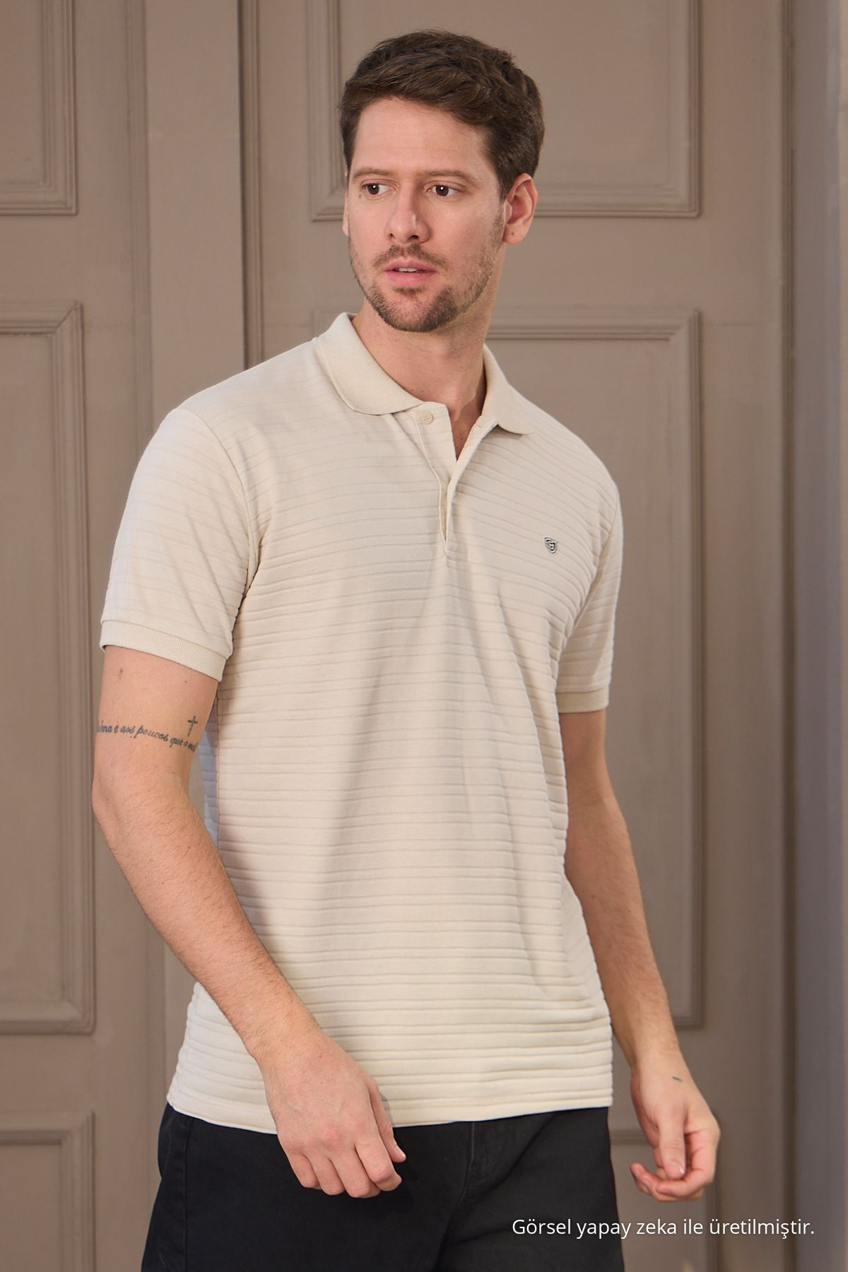 Erkek Bej %100 Pamuk Raporlu Polo Yaka T-shirt 3