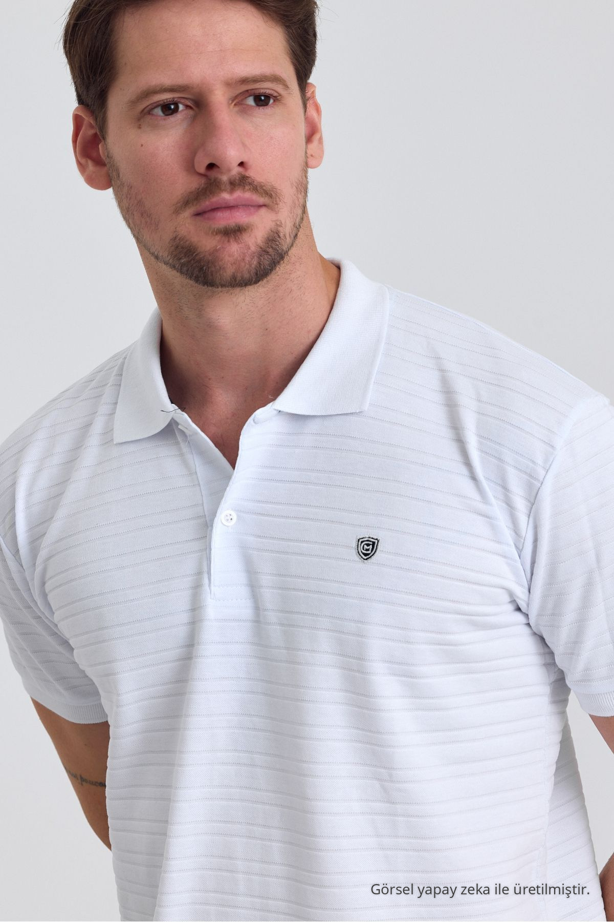 Erkek Beyaz %100 Pamuk Raporlu Polo Yaka T-shirt 7