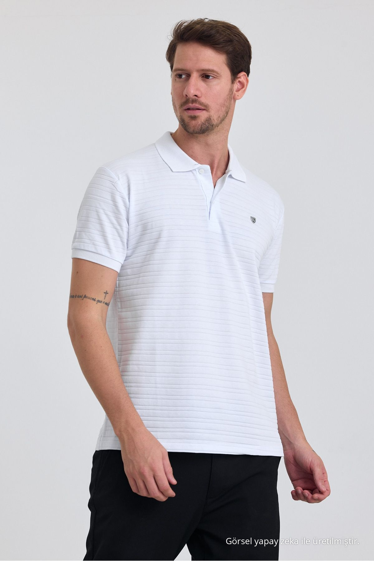 Erkek Beyaz %100 Pamuk Raporlu Polo Yaka T-shirt 6