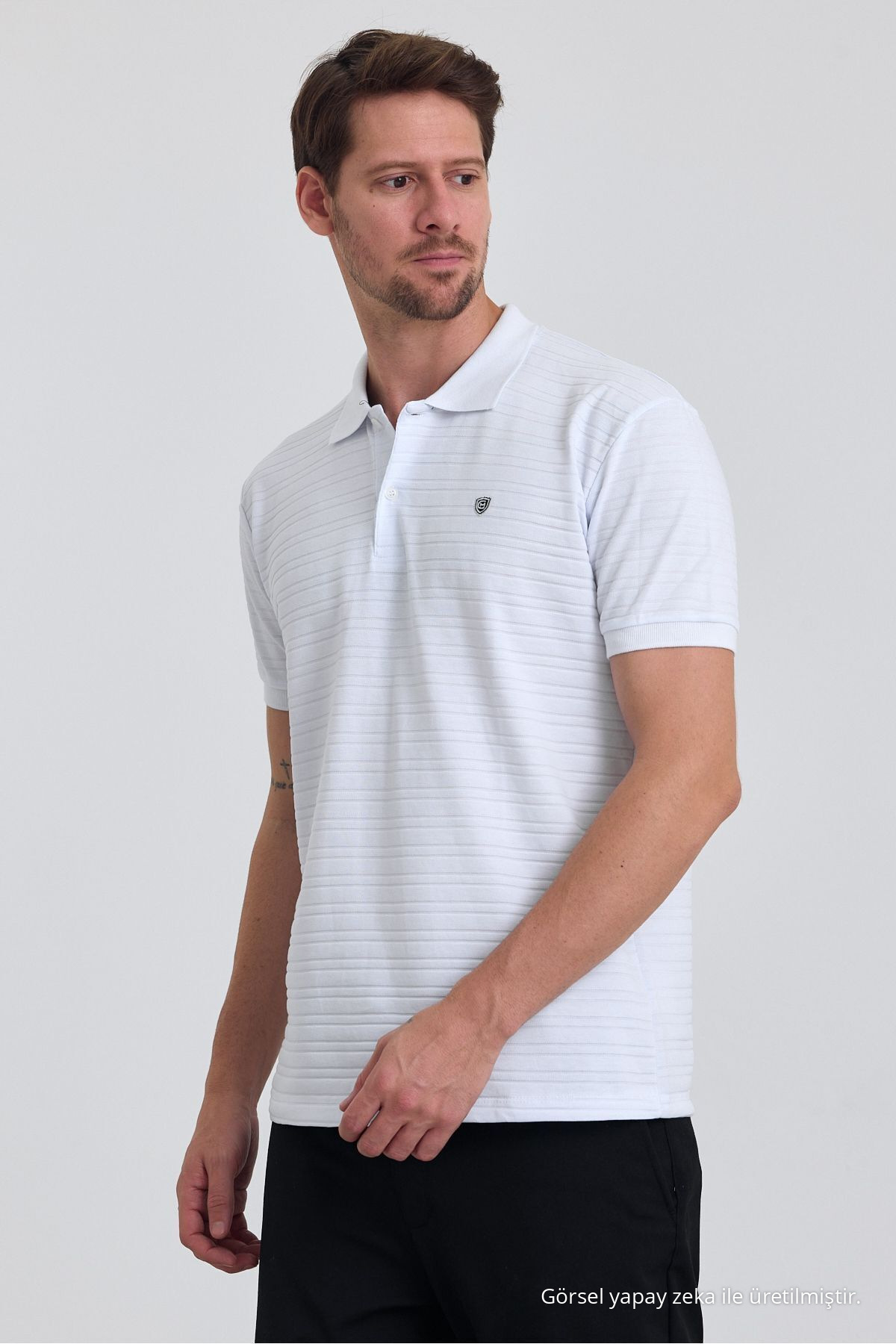 Erkek Beyaz %100 Pamuk Raporlu Polo Yaka T-shirt 3
