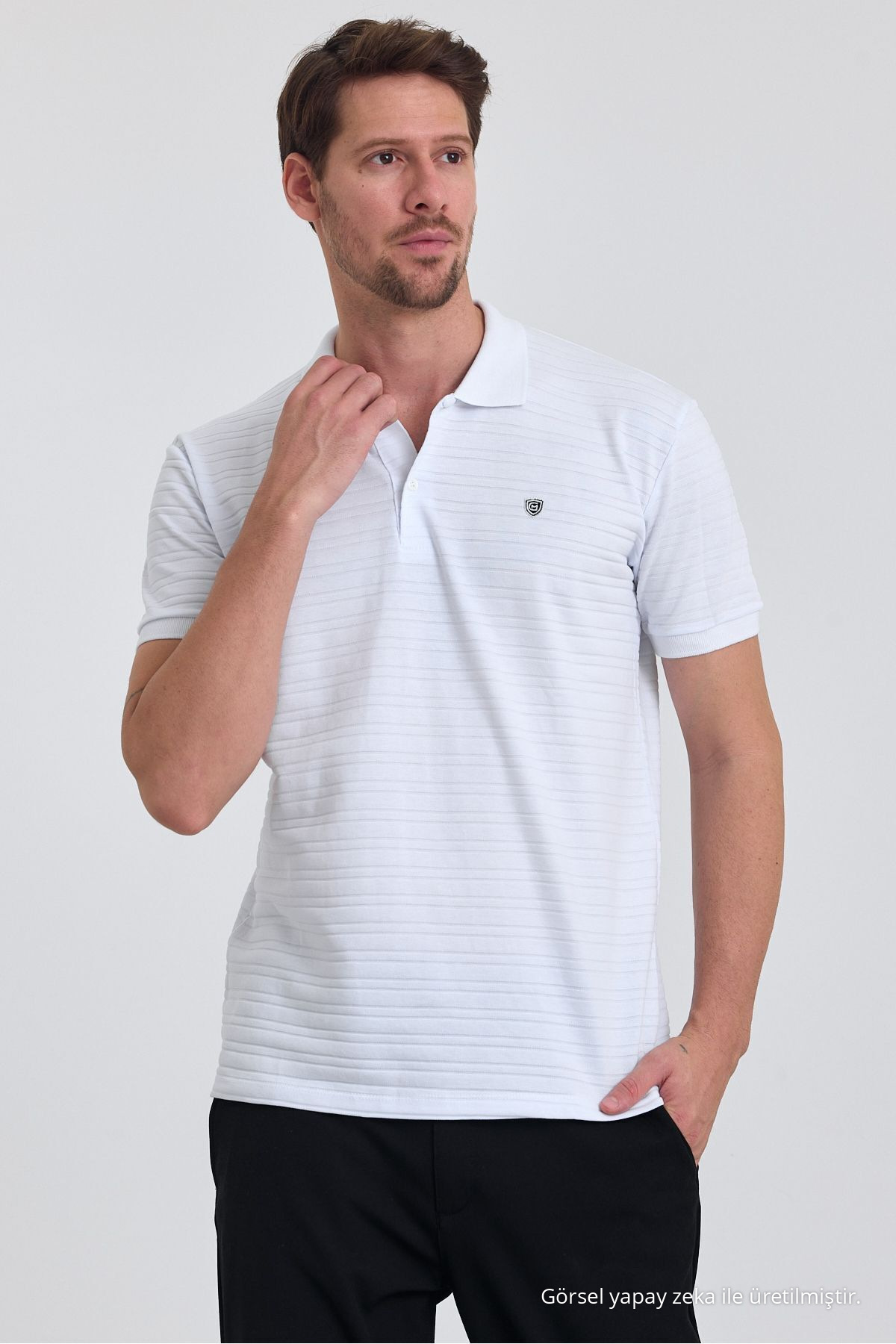 Erkek Beyaz %100 Pamuk Raporlu Polo Yaka T-shirt 5
