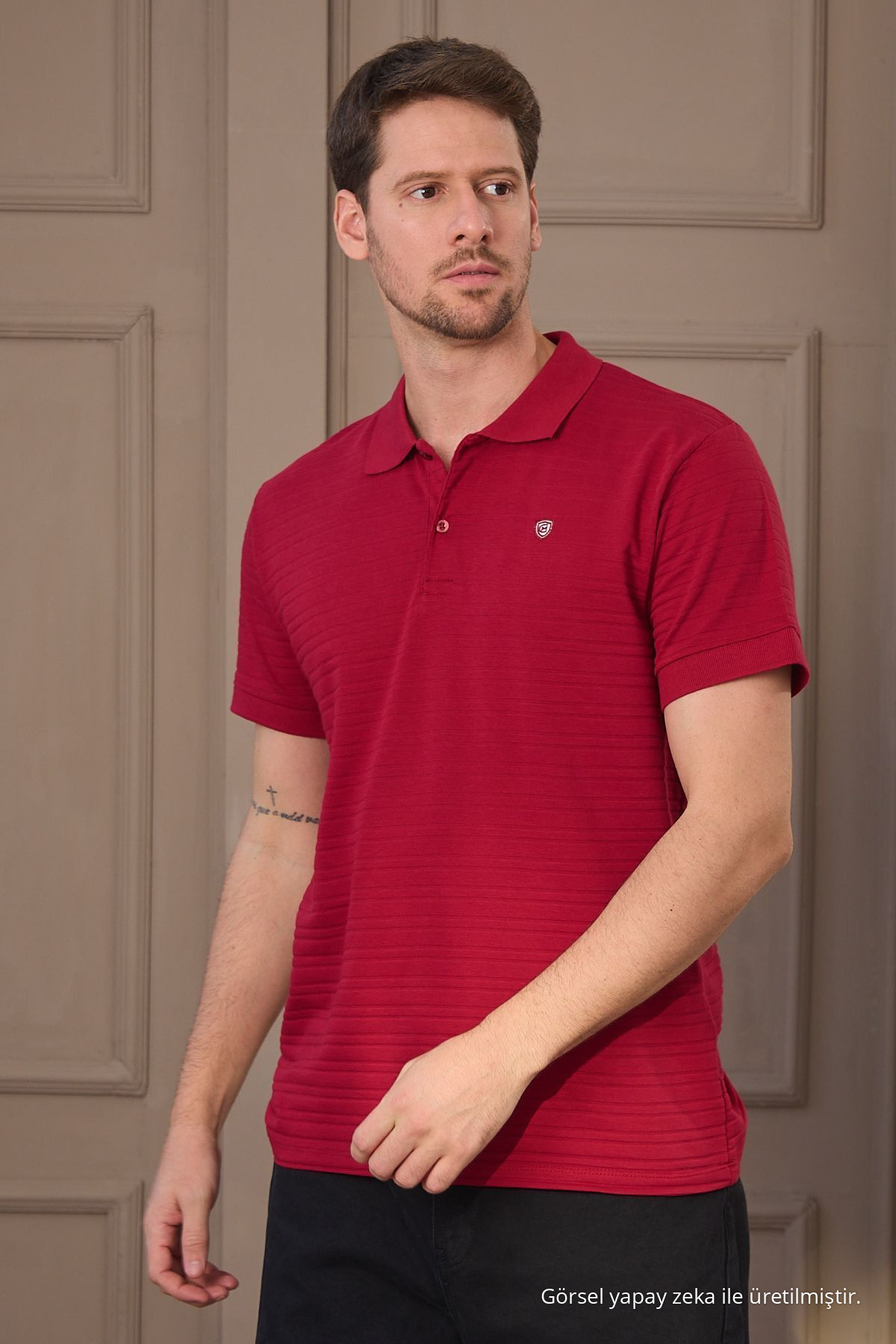 Erkek Bordo %100 Pamuk Raporlu Polo Yaka T-shirt 4