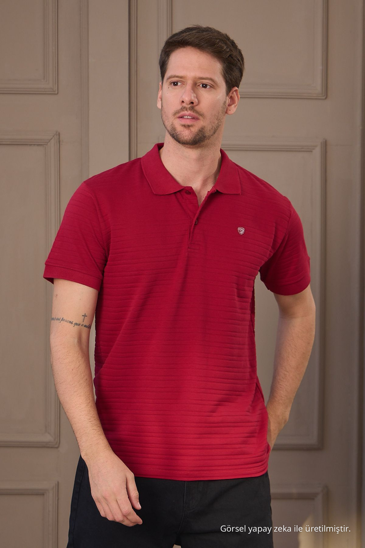 Erkek Bordo %100 Pamuk Raporlu Polo Yaka T-shirt 3