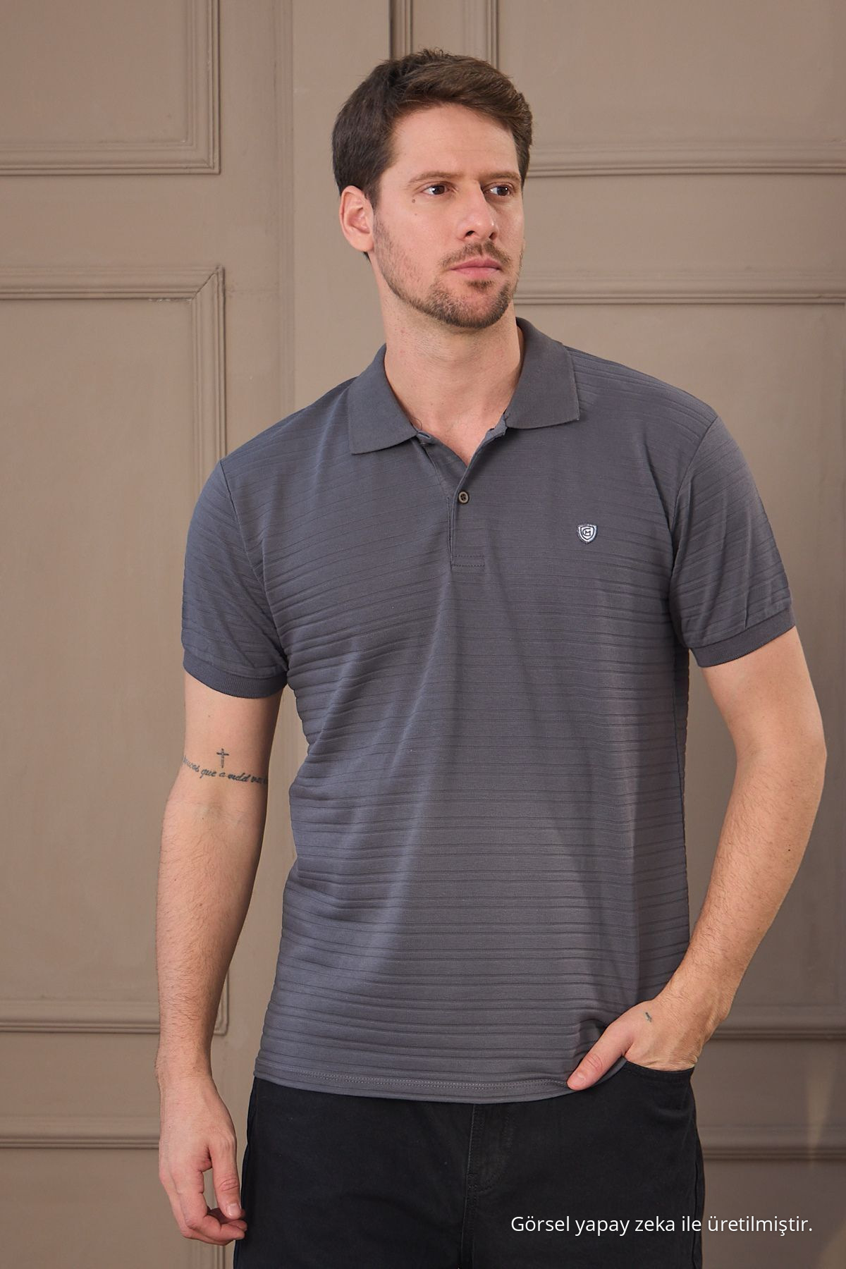 Erkek Füme %100 Pamuk Raporlu Polo Yaka T-shirt 6