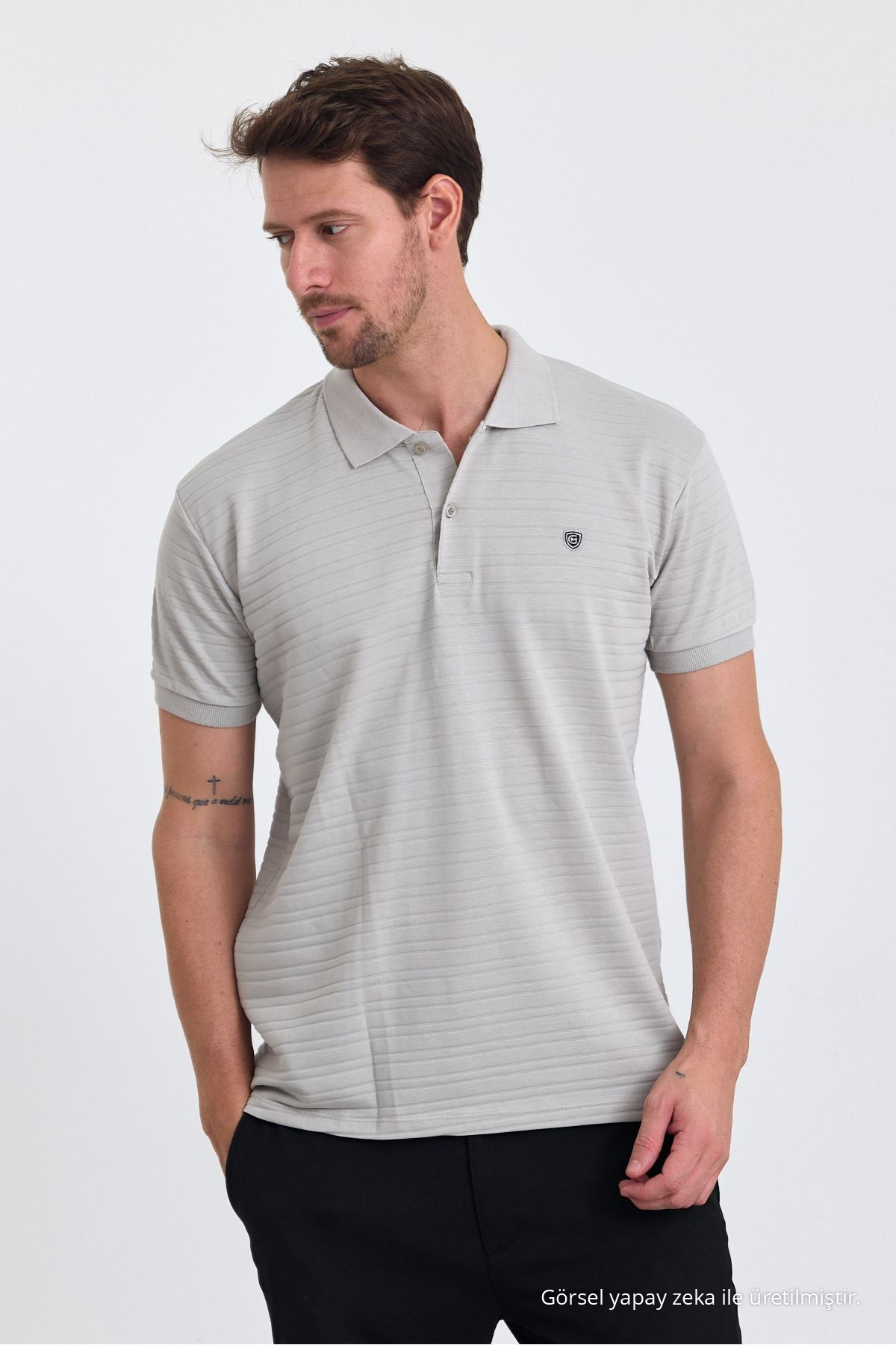 Erkek GRİ %100 Pamuk Raporlu Polo Yaka T-shirt 5