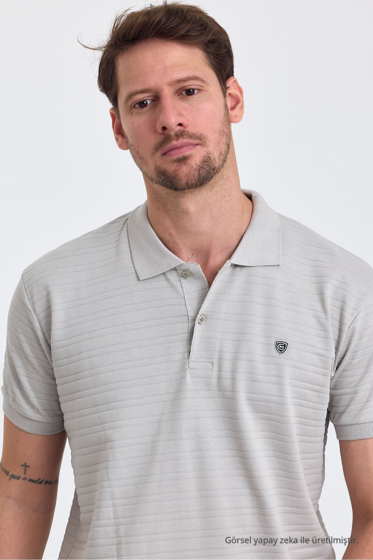 Erkek GRİ %100 Pamuk Raporlu Polo Yaka T-shirt 7