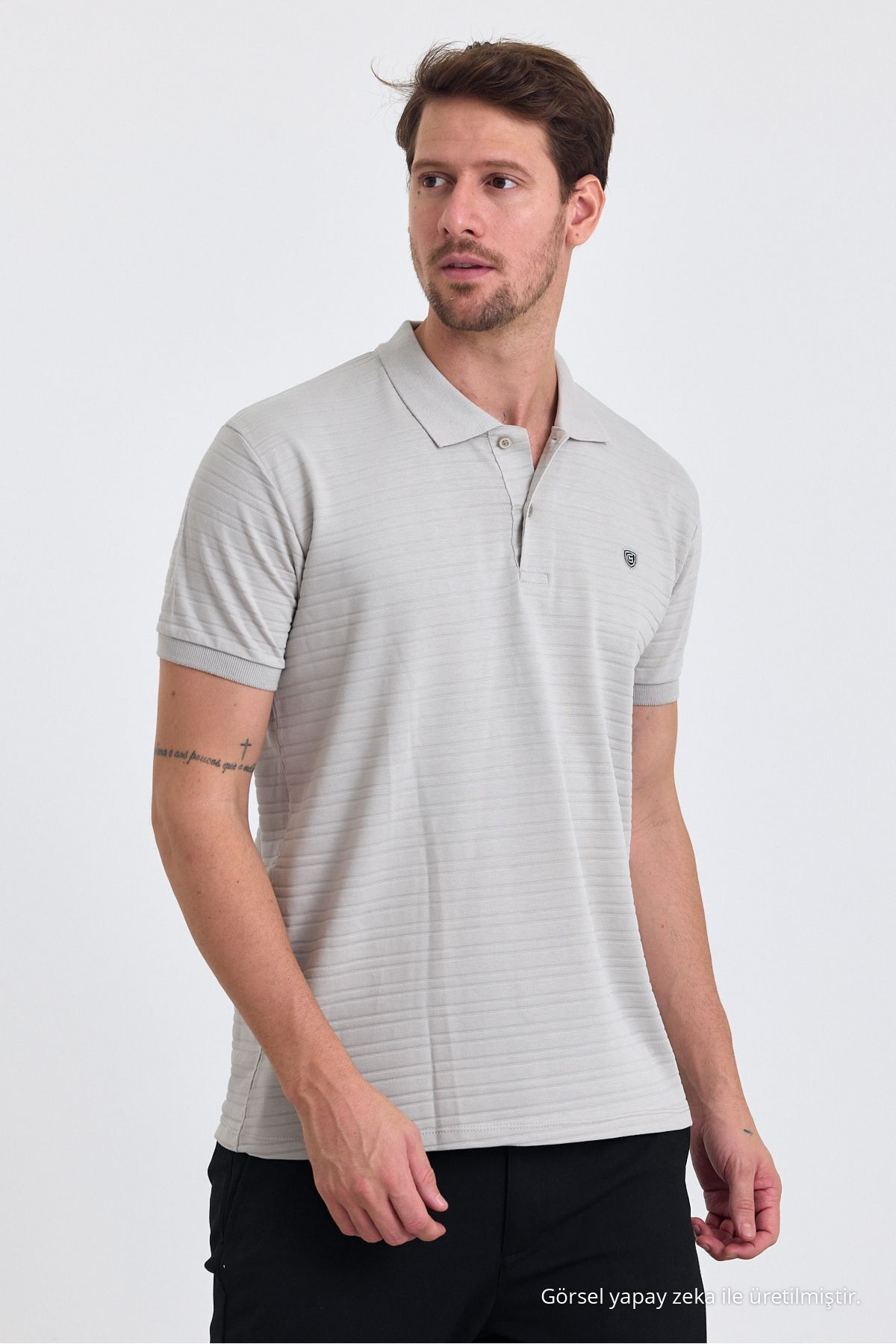 Erkek GRİ %100 Pamuk Raporlu Polo Yaka T-shirt 4