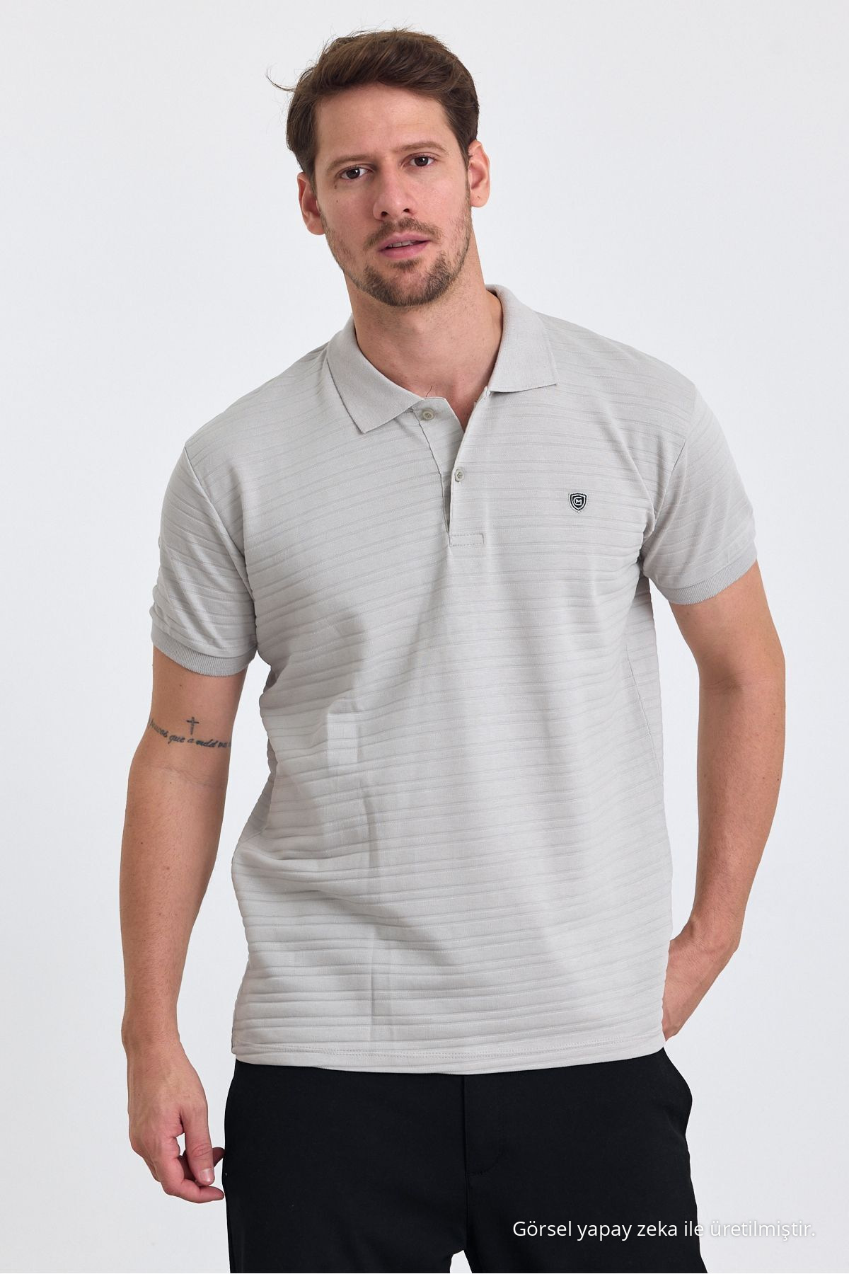 Erkek GRİ %100 Pamuk Raporlu Polo Yaka T-shirt 3