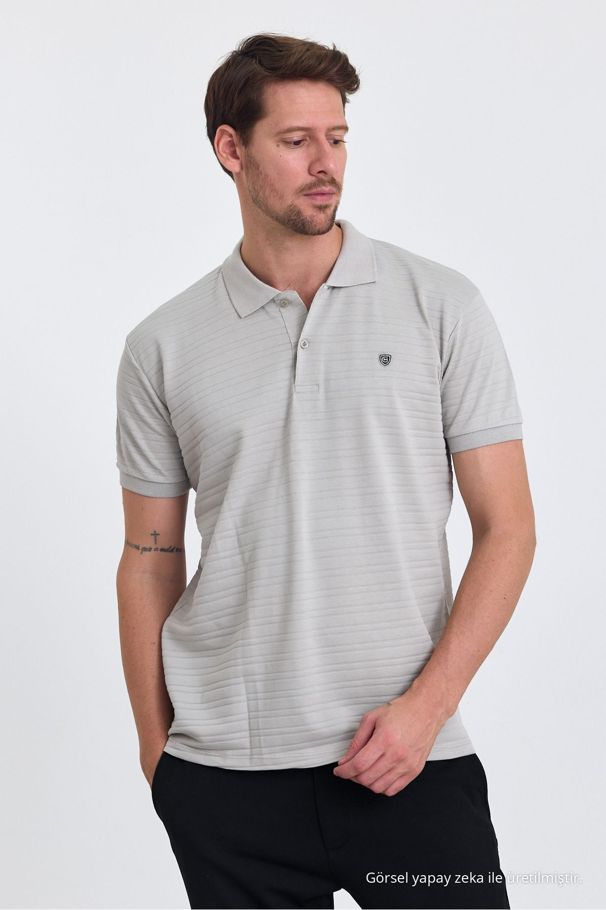 Erkek GRİ %100 Pamuk Raporlu Polo Yaka T-shirt 6