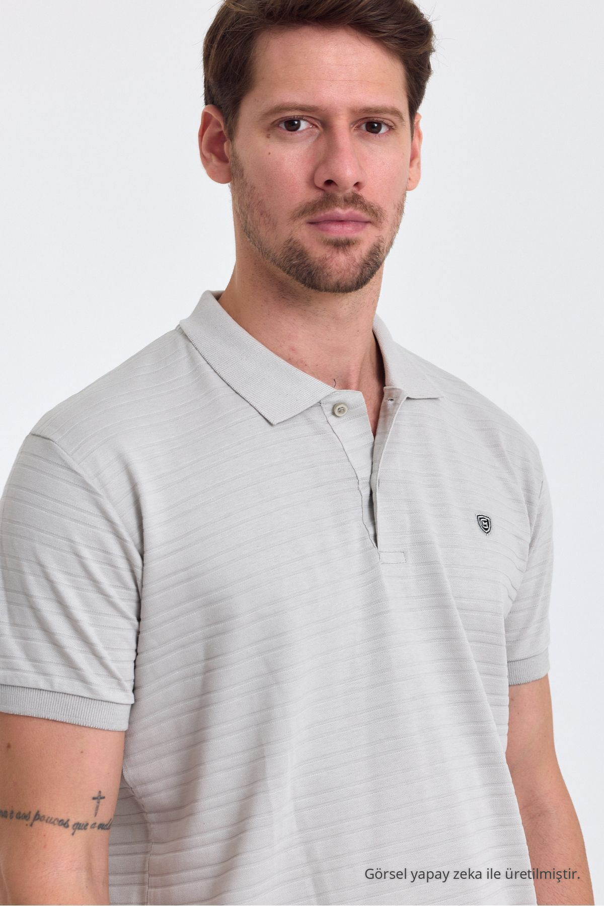 Erkek GRİ %100 Pamuk Raporlu Polo Yaka T-shirt 8