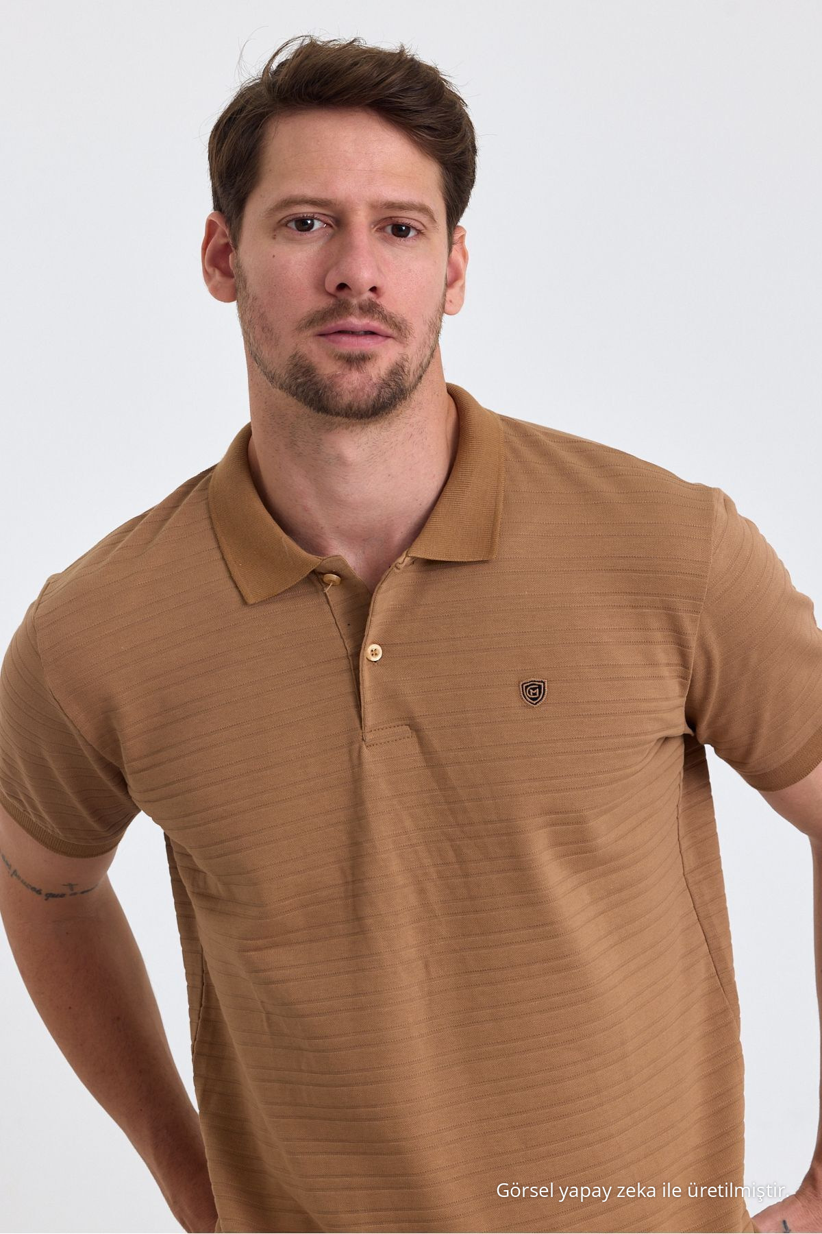 Erkek Karamel %100 Pamuk Raporlu Polo Yaka T-shirt 4