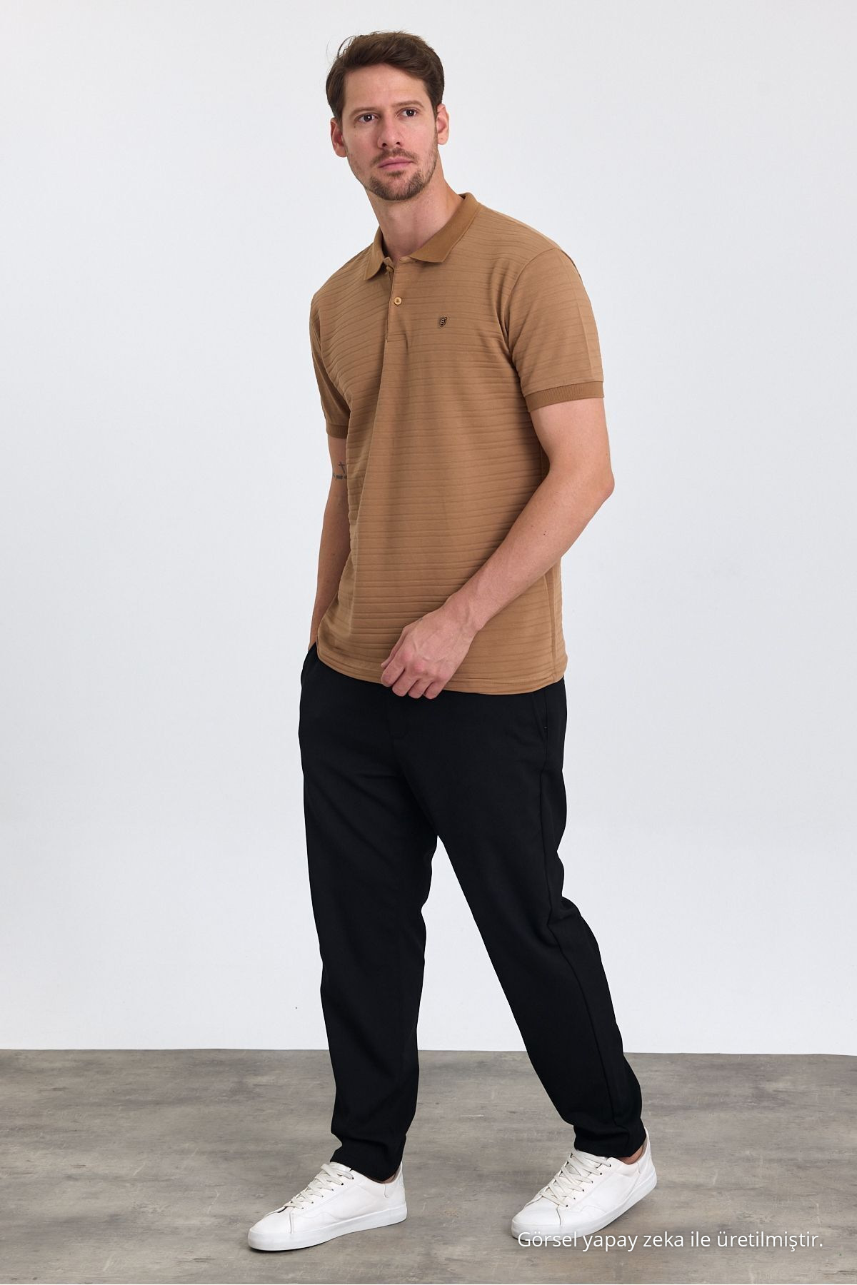 Erkek Karamel %100 Pamuk Raporlu Polo Yaka T-shirt 7