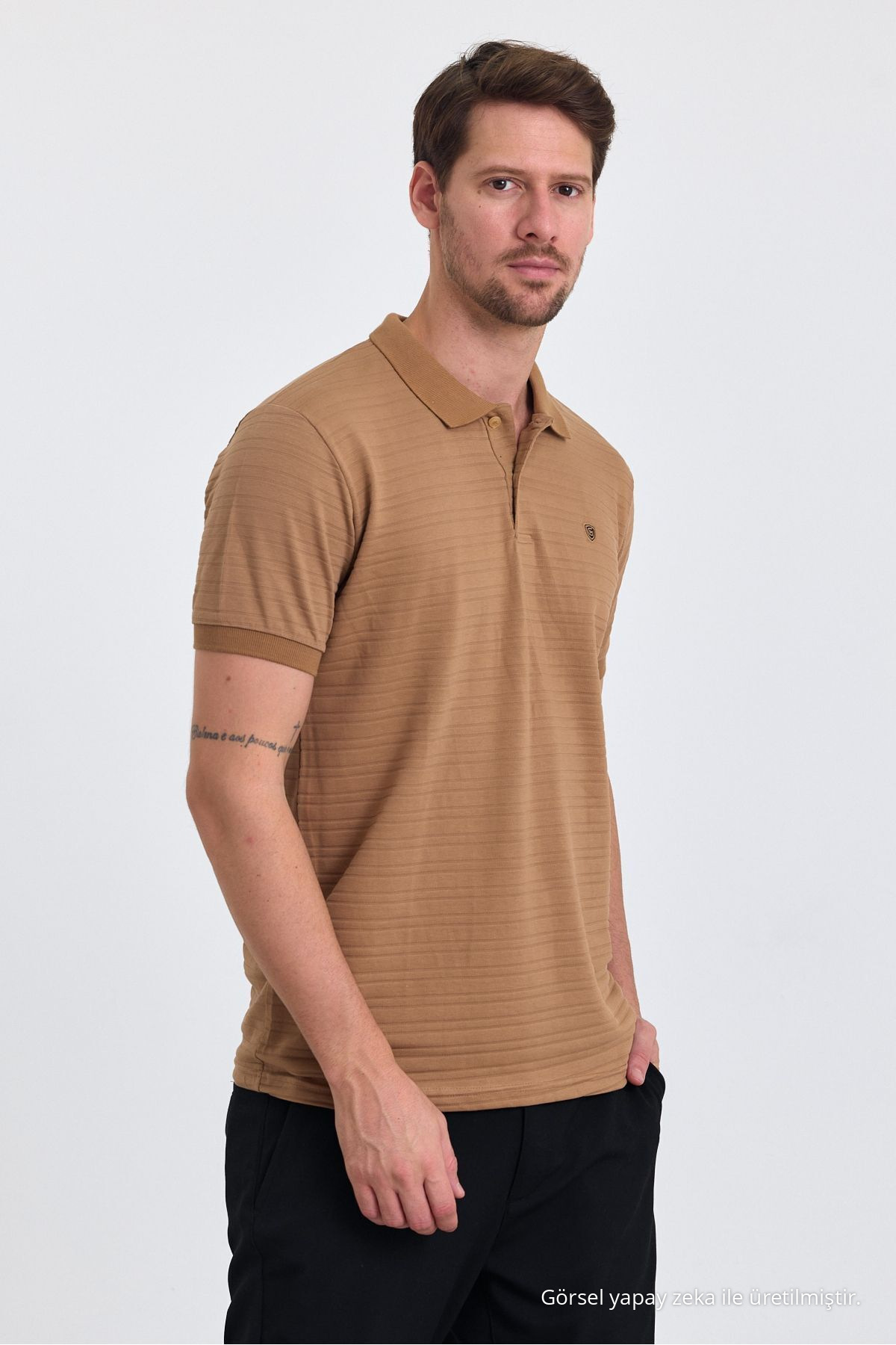 Erkek Karamel %100 Pamuk Raporlu Polo Yaka T-shirt 5