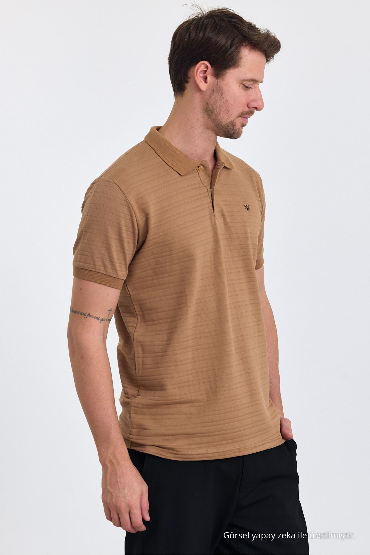 Erkek Karamel %100 Pamuk Raporlu Polo Yaka T-shirt 3