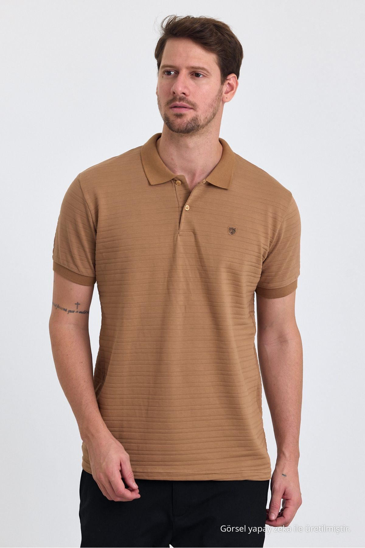 Erkek Karamel %100 Pamuk Raporlu Polo Yaka T-shirt 6