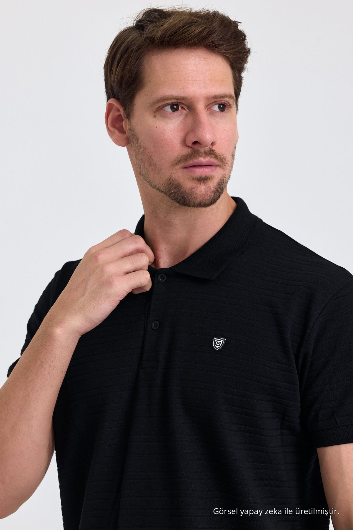 Erkek SİYAH %100 Pamuk Raporlu Polo Yaka T-shirt 6