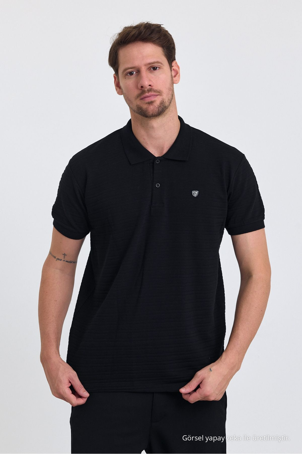 Erkek SİYAH %100 Pamuk Raporlu Polo Yaka T-shirt 4