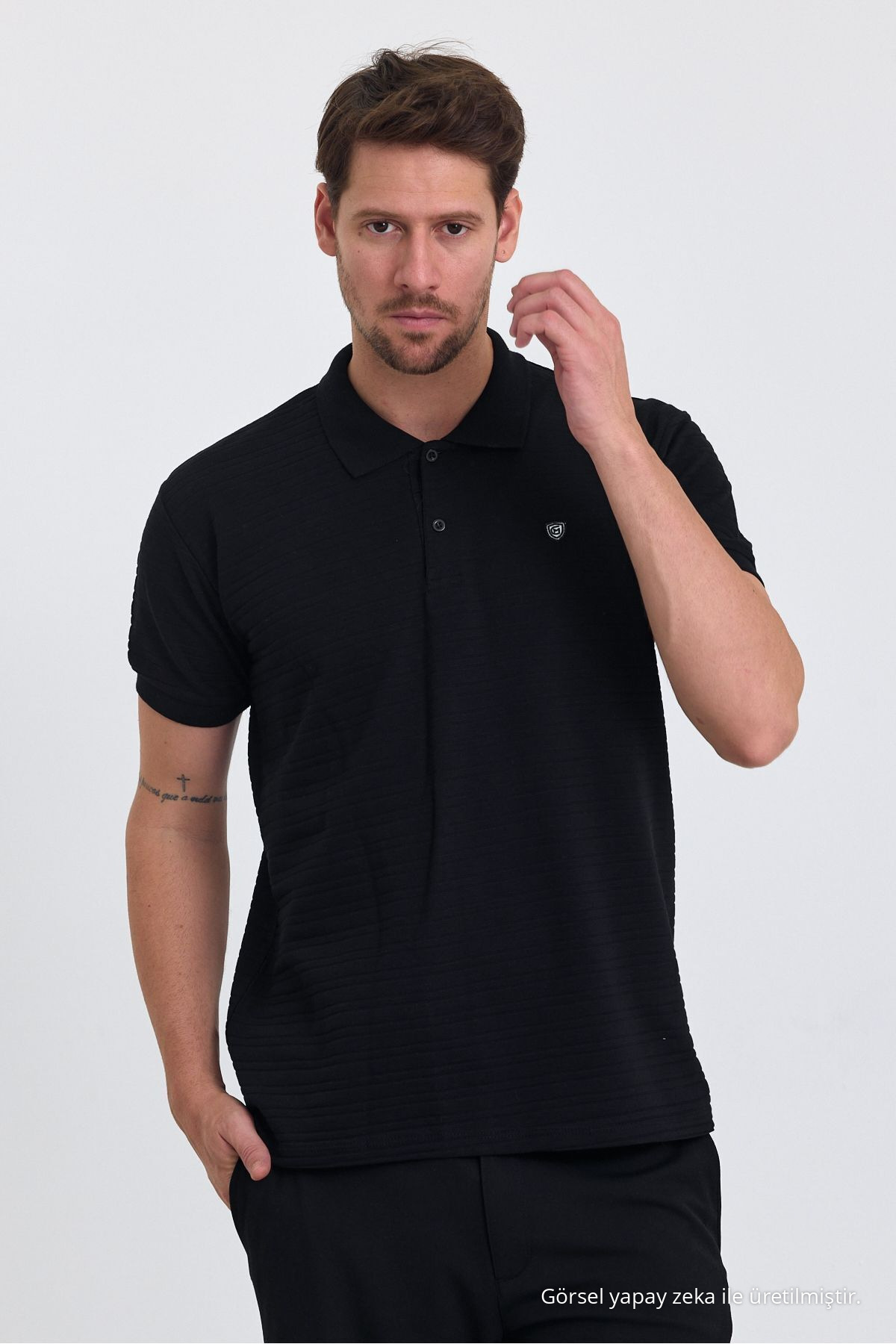 Erkek SİYAH %100 Pamuk Raporlu Polo Yaka T-shirt 3