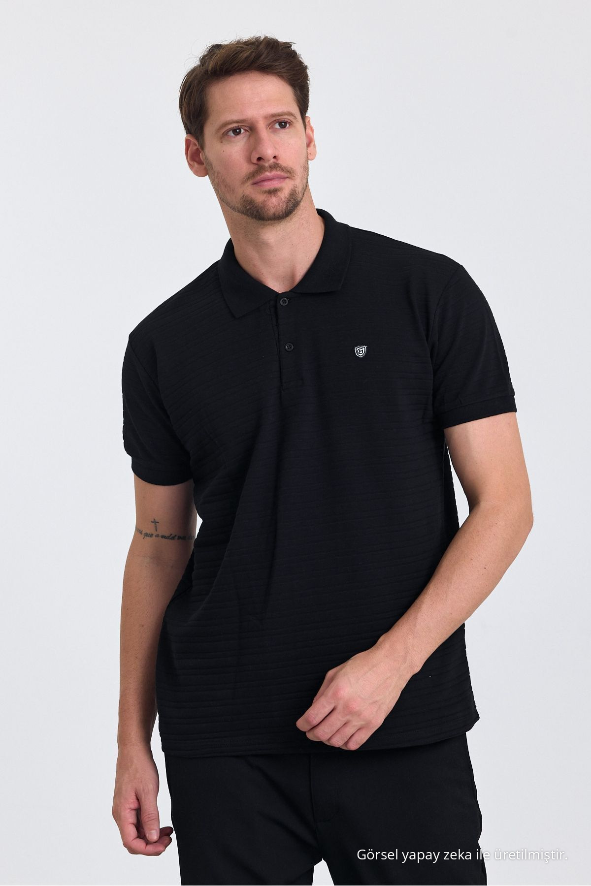 Erkek SİYAH %100 Pamuk Raporlu Polo Yaka T-shirt 5