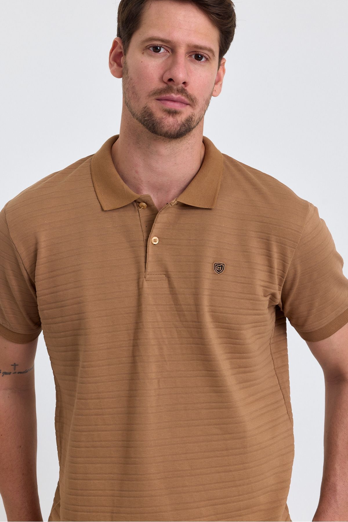 Erkek Karamel %100 Pamuk Raporlu Polo Yaka T-shirt