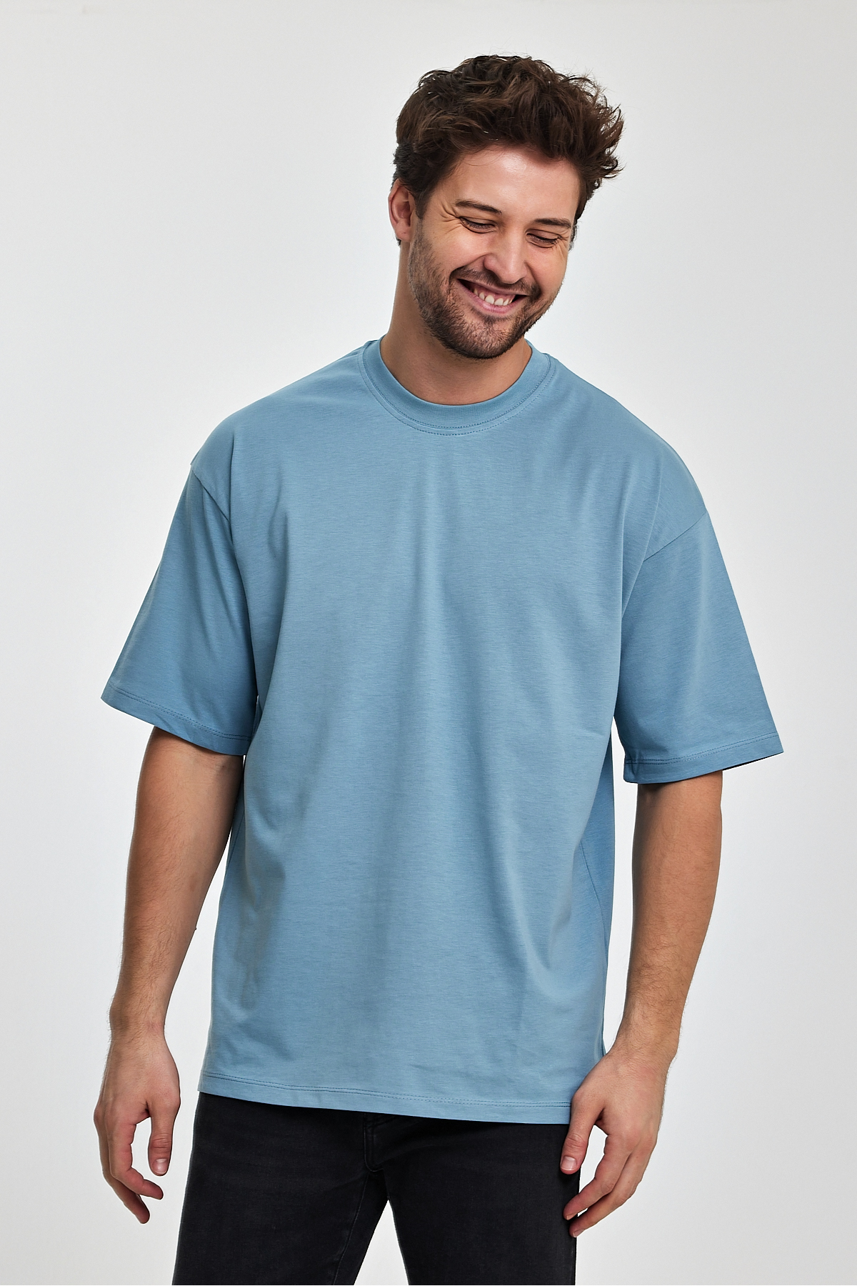 Erkek %100 Organik Pamuklu Kalın Dokulu Comfort Fit Bisiklet Yakalı MAVİ T-shirt 7